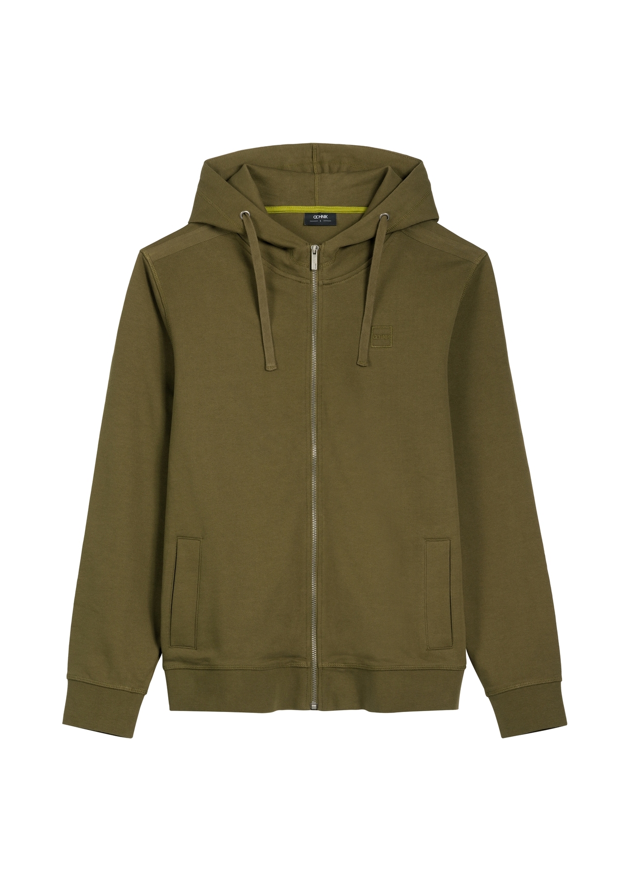 Men's khaki zip-up sweatshirt BLZMT-0078-8D(W26), front product view on white background.