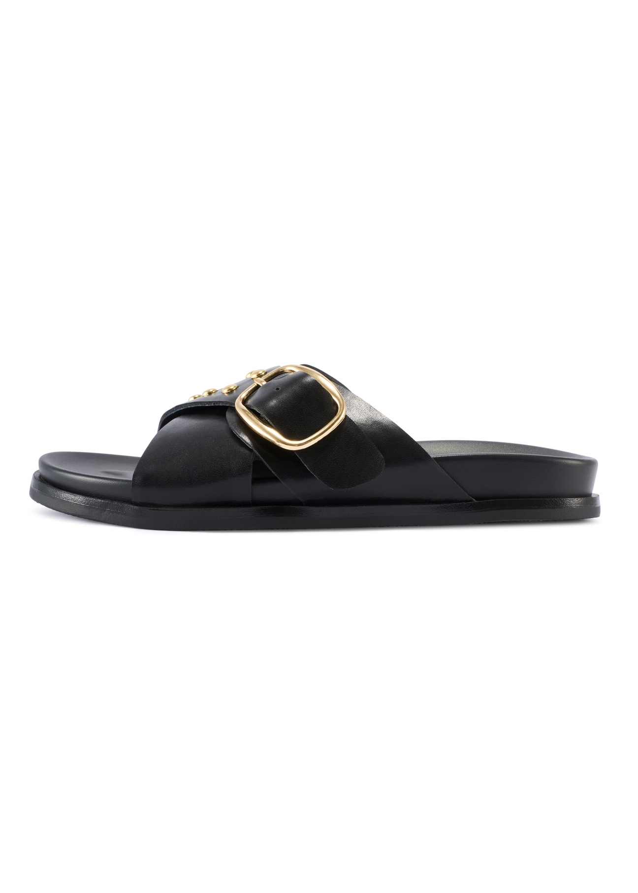 Women's leather flip-flops in black BUTYD-1268-99(W26), side view of the product on a white background.