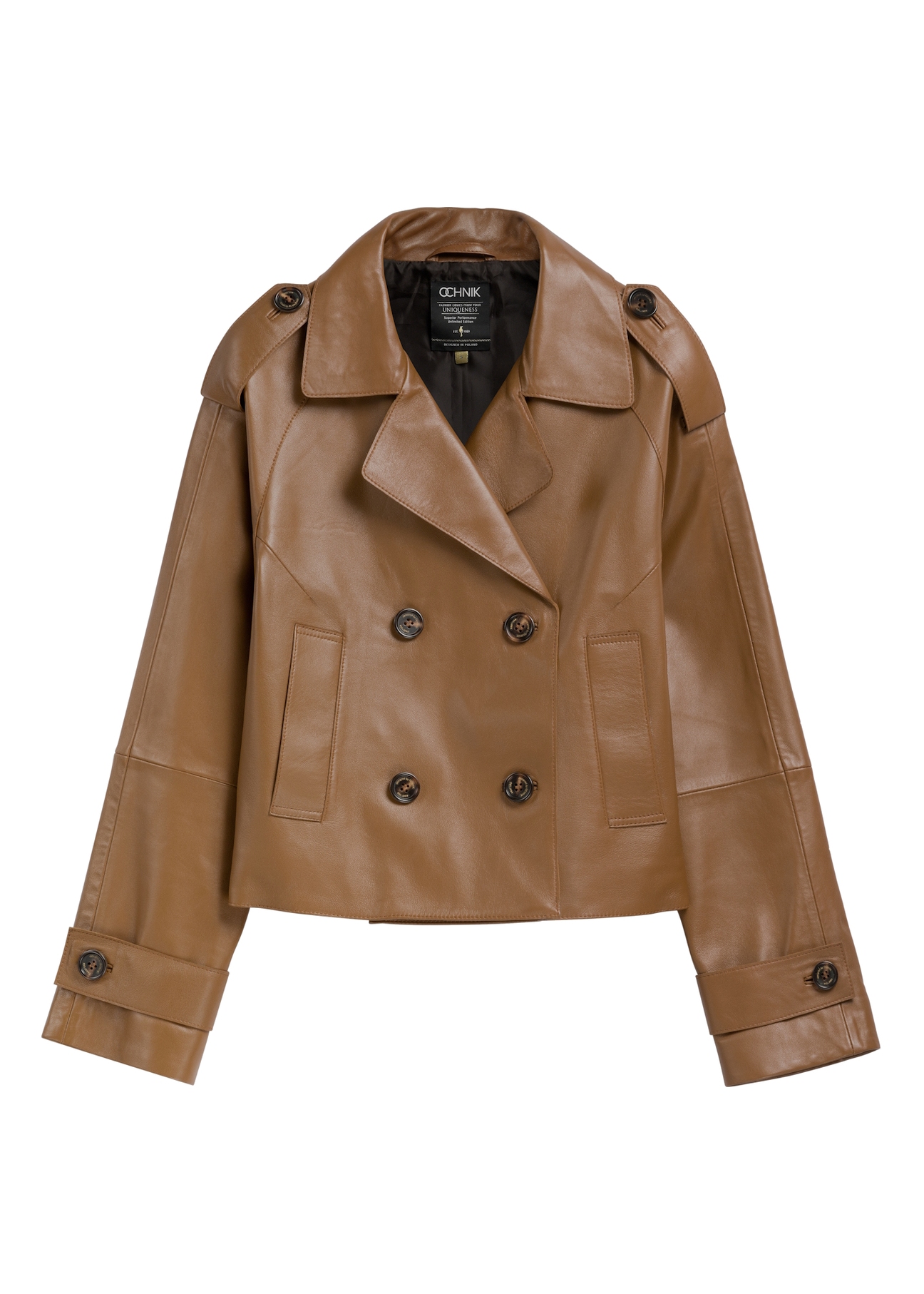 Women's short oversize leather jacket in camel color KURDS-0540-1D(W26), front product view on white background.