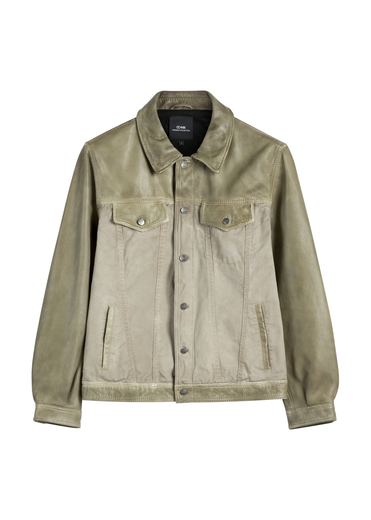 Men's olive leather jacket KURMS-0404-8F(W26), front product view on white background.