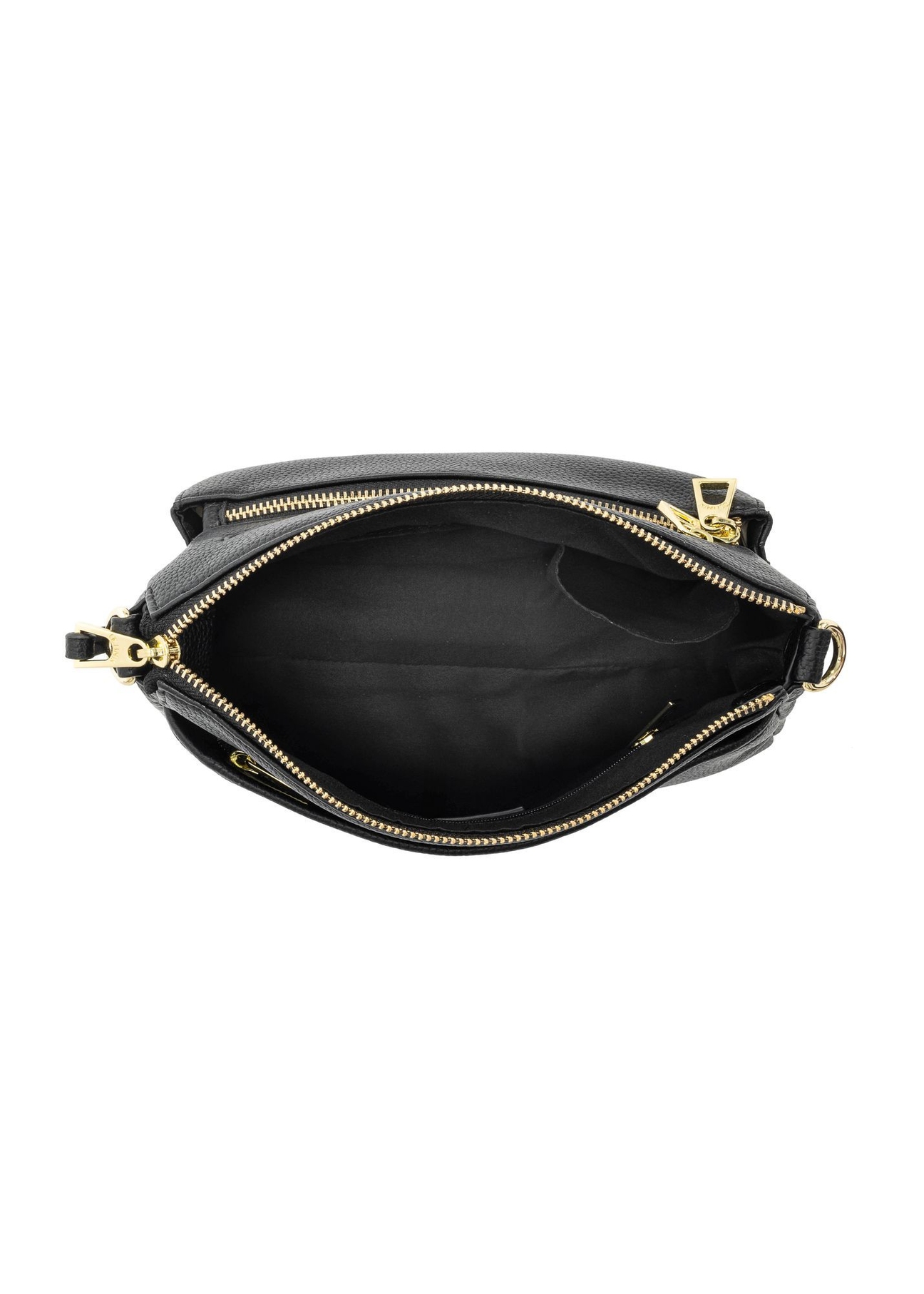 Black women's imitation leather messenger bag TOREC-0966A-99(Z25) - top view of the open bag on a white background.