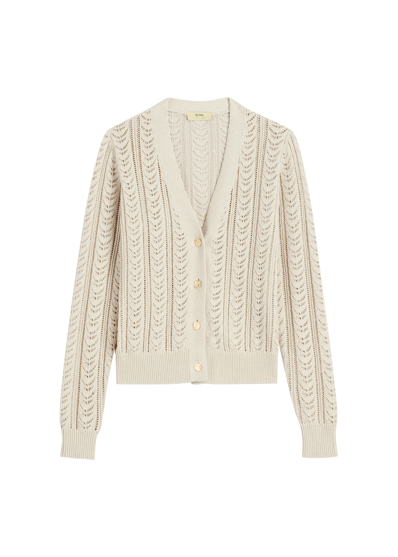 Women's openwork cardigan in light beige color KARDT-0063-1A(W26), front product view on a white background.