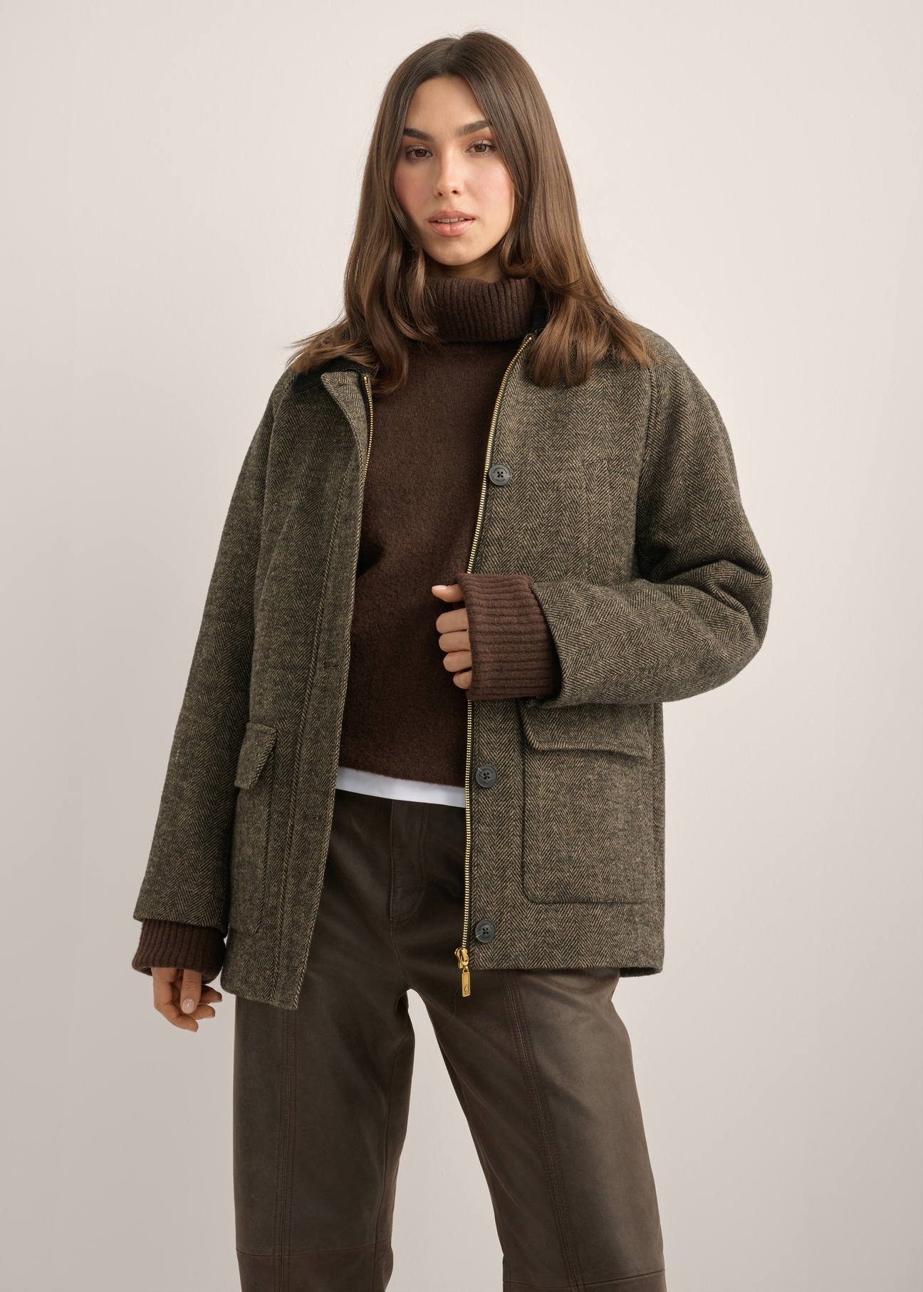Women's Herringbone Coat PLADT-0083-1L(Z26) - front view of the product, on a model, against a light background. Knee-length silhouette visible.