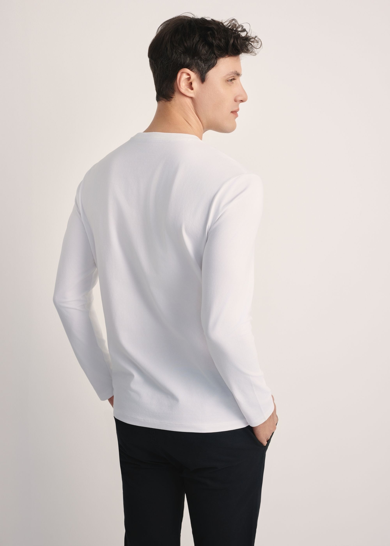 White men's long sleeve blouse LSLMT-0008-11(Z25), product view from the back on the model. Half of the silhouette visible.