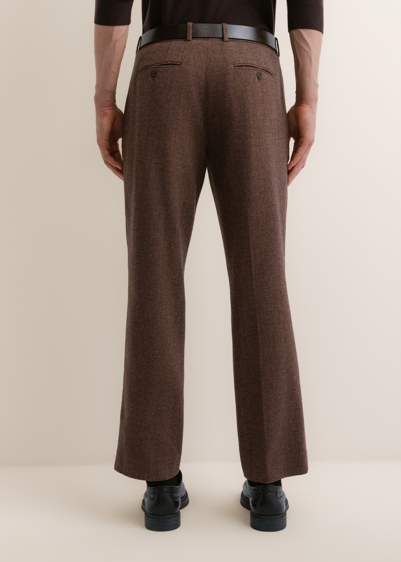 Brown elegant men's trousers with wool SPOMT-0123-1I(Z26), back view of the product on the model. Half of the silhouette visible.