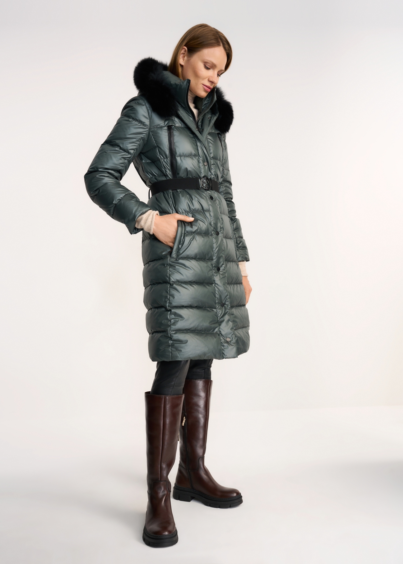 Women's down jacket with belt KURDT-0378-54(Z22)-03