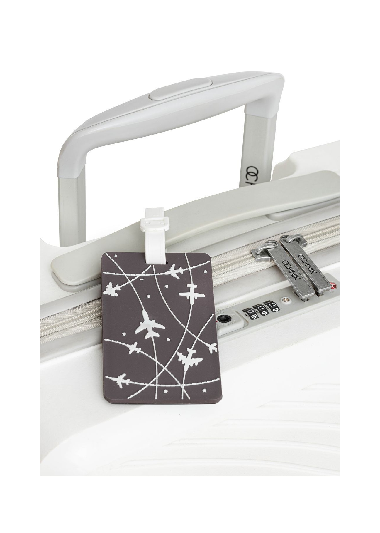 Luggage tag with airplanes AW-012-0013-9C(W26), product view on the suitcase.