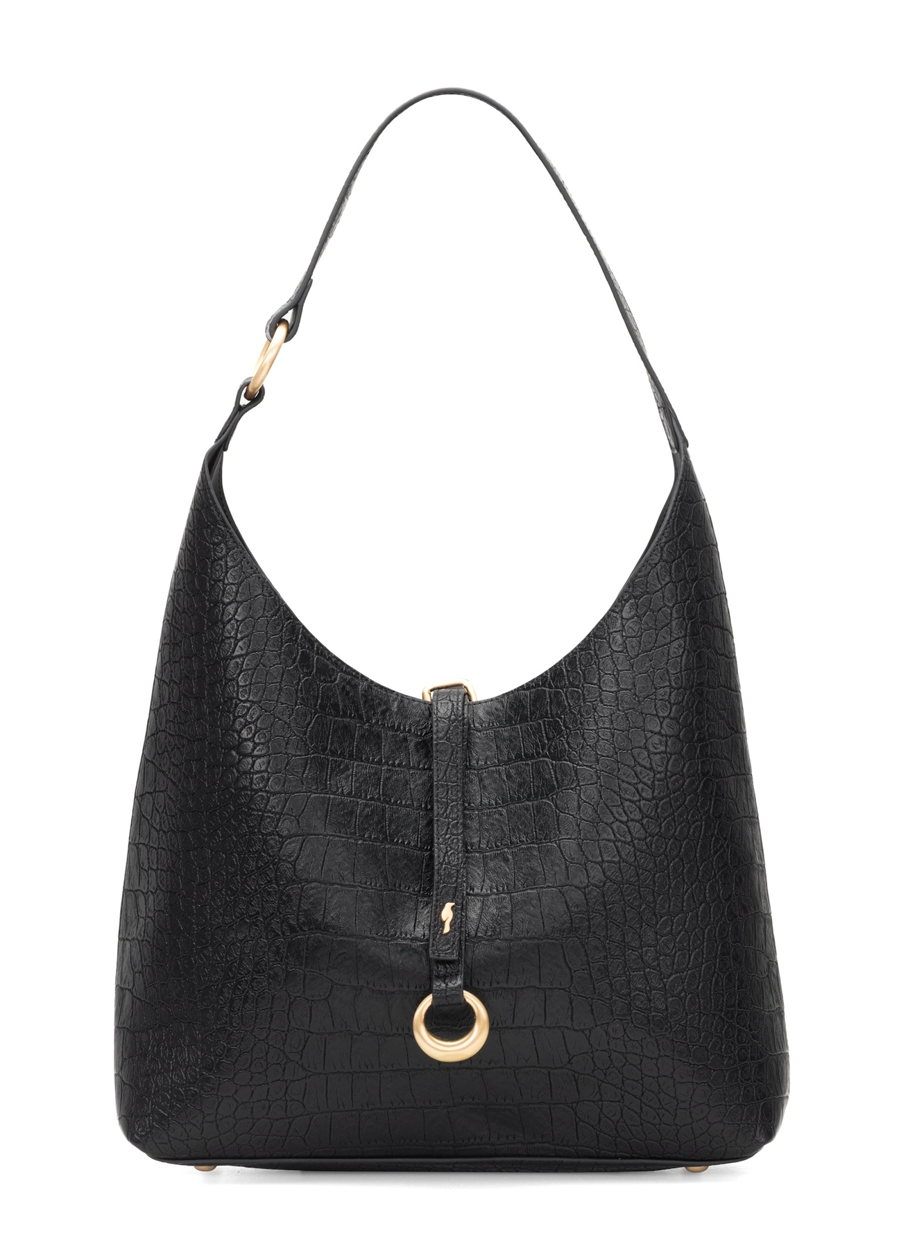 Black women's handbag with croco motif TOREC-1170-9G(W26), front product view on white background.
