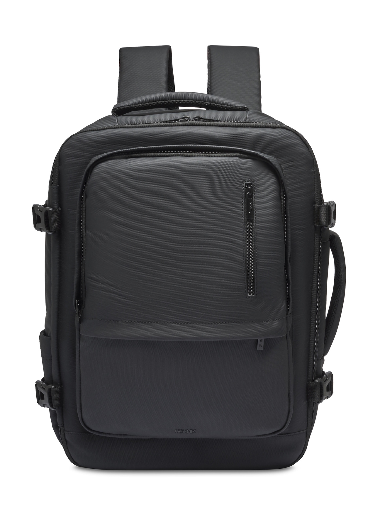 Black large travel backpack PLCMN-0018-99(Z26), front product view on white background.