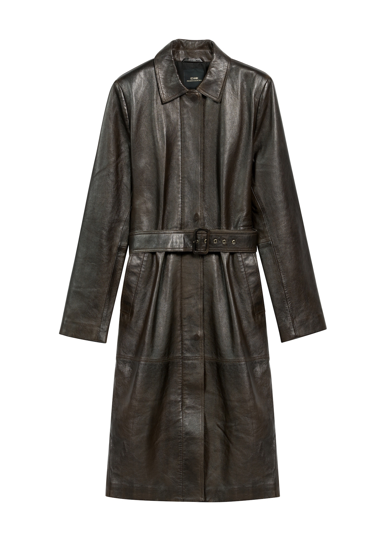 Brown long women's leather jacket KURDS-0544-2868(Z25), product view from the front on a white background.