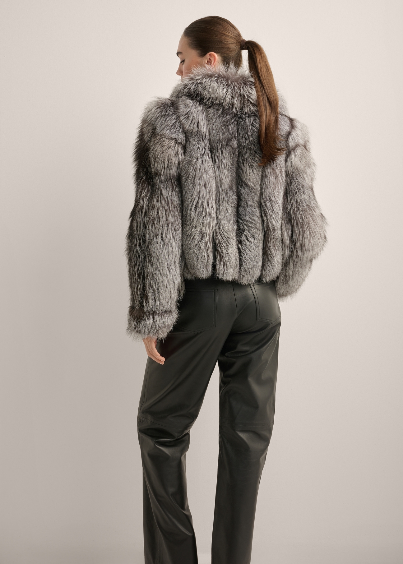 Women's natural gray fur coat FUTDF-0110-9B(Z26), product view from the back on the model. Half of the silhouette visible.