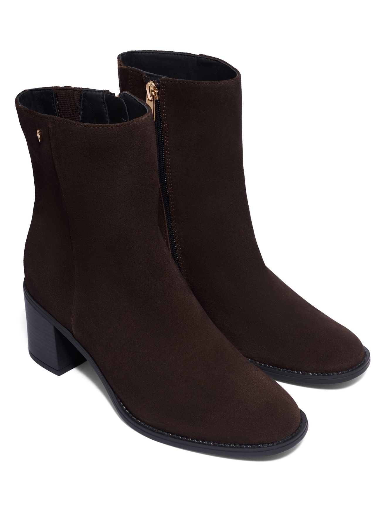 Brown suede high-heeled ankle boots BUTYD-1101-1I(Z26), diagonal product view on white background.