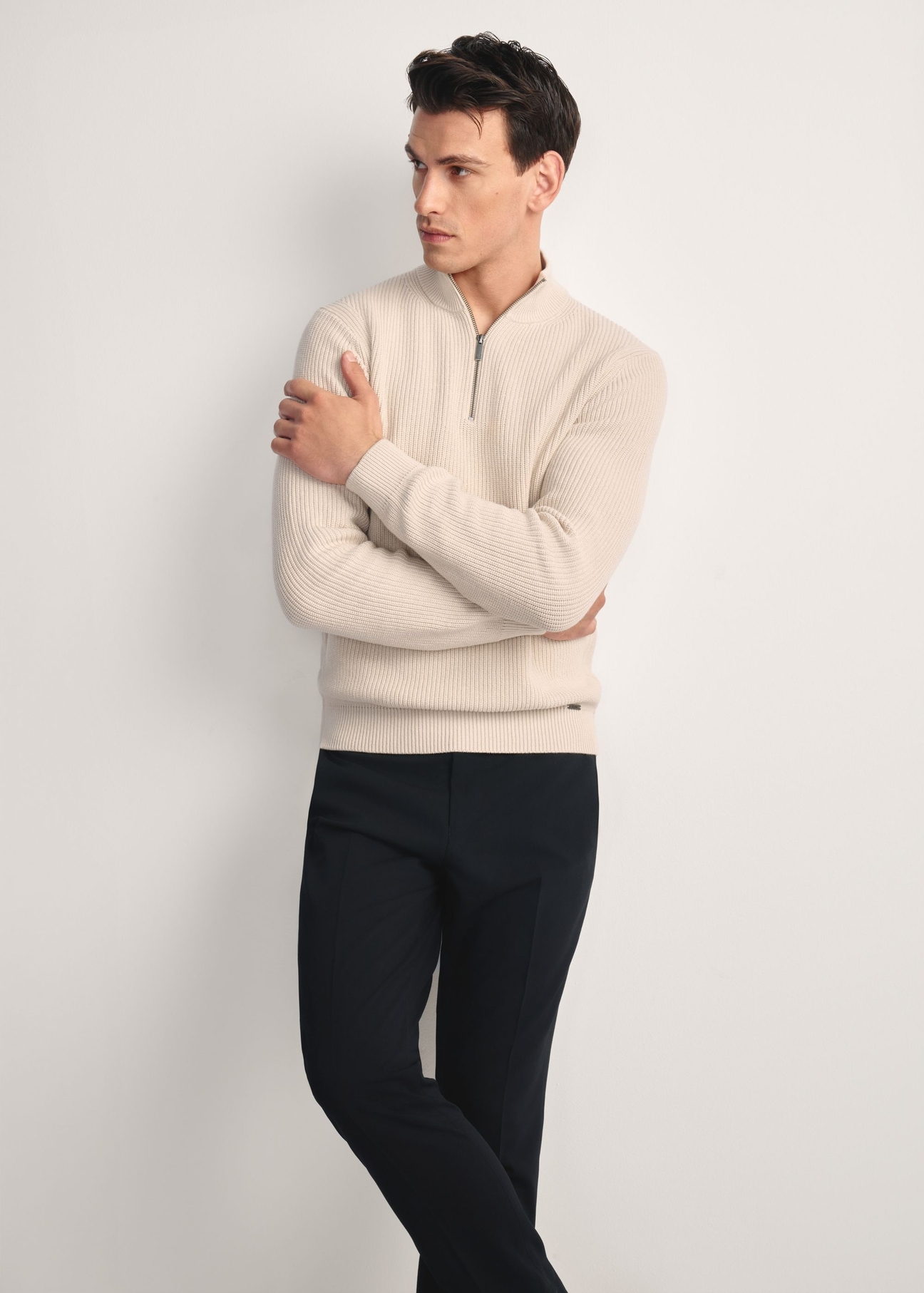 Beige men's sweater SWEMT-0175-80(Z25), front product view on the model. Half of the silhouette visible.