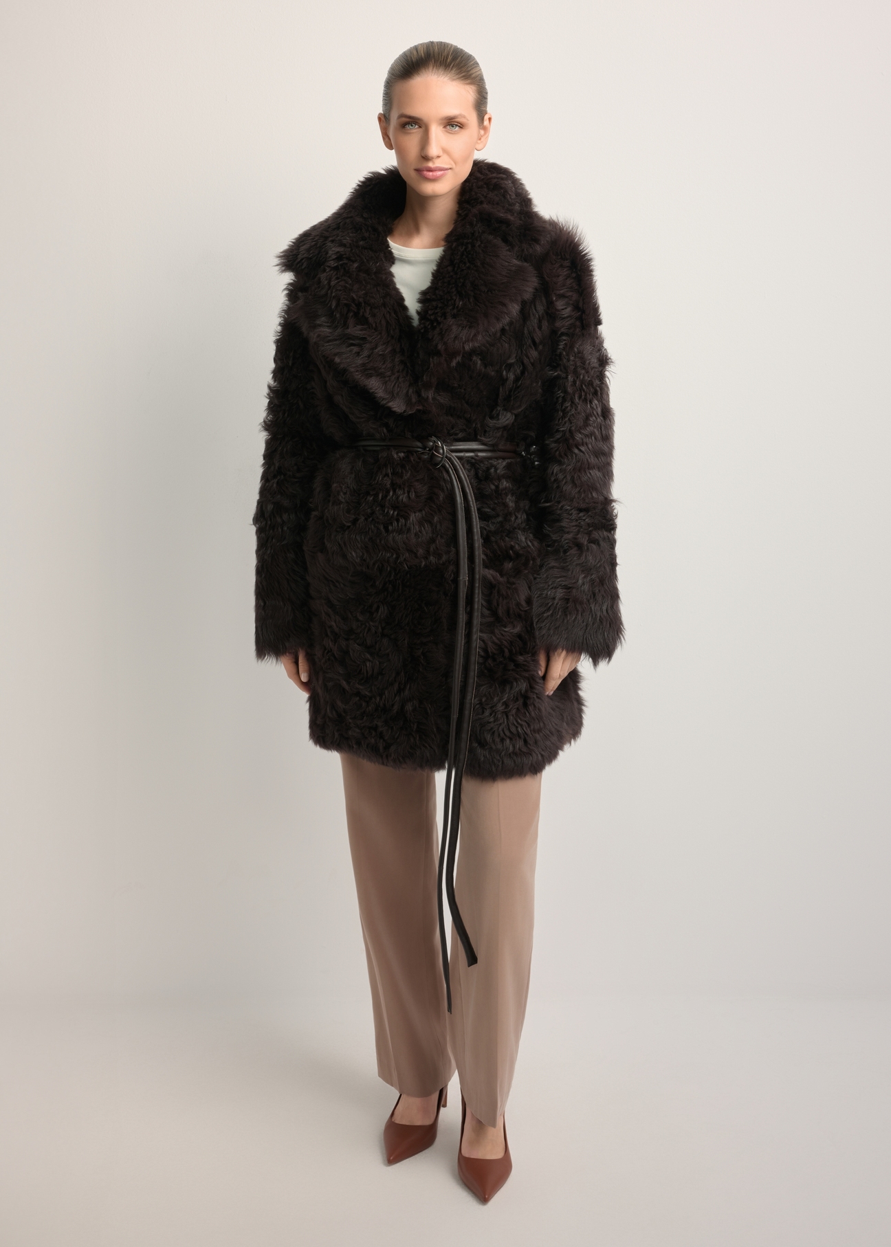Women's brown double-sided sheepskin coat KOZDS-0090-1393(Z25), front view of the product on the model. Full body visible.