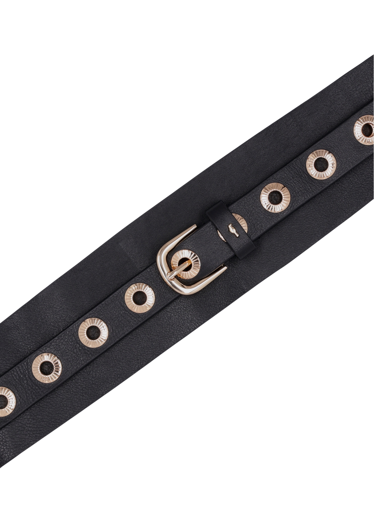 Black leather women's belt PASDS-0350-99(Z26), top view of the product on a white background.