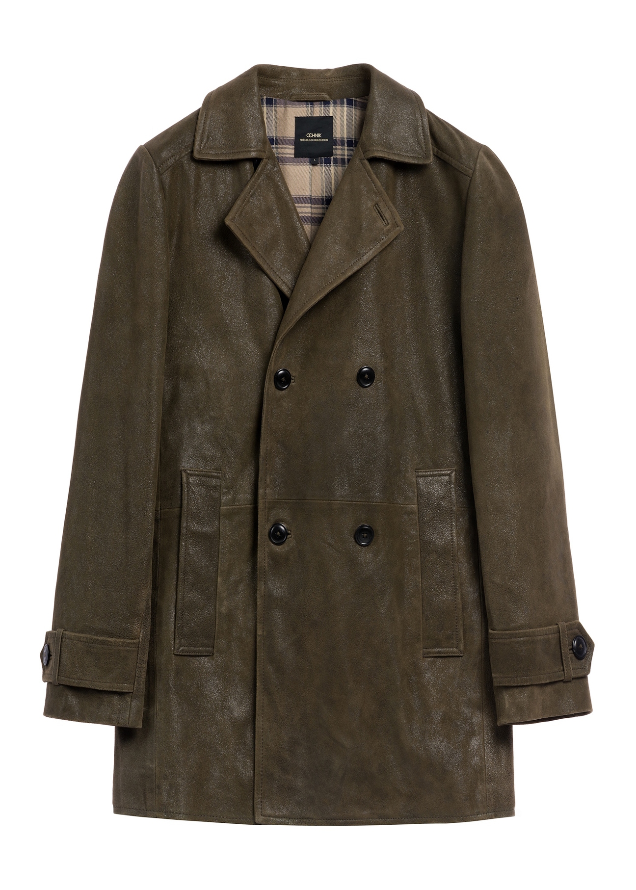 Men's khaki leather coat KURMS-0409A-8D(Z26), front product view on white background.