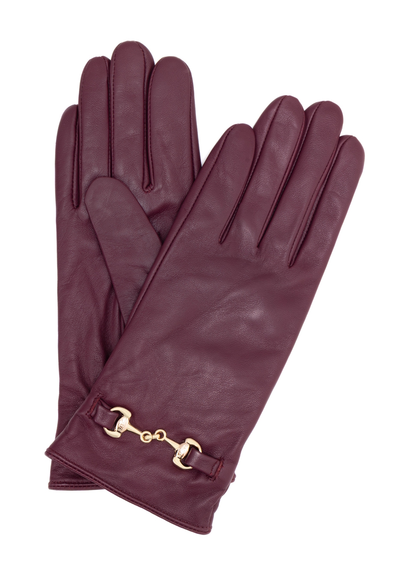 Burgundy women's leather gloves with buckle REKDS-0087-49(Z25), front product view on white background.
