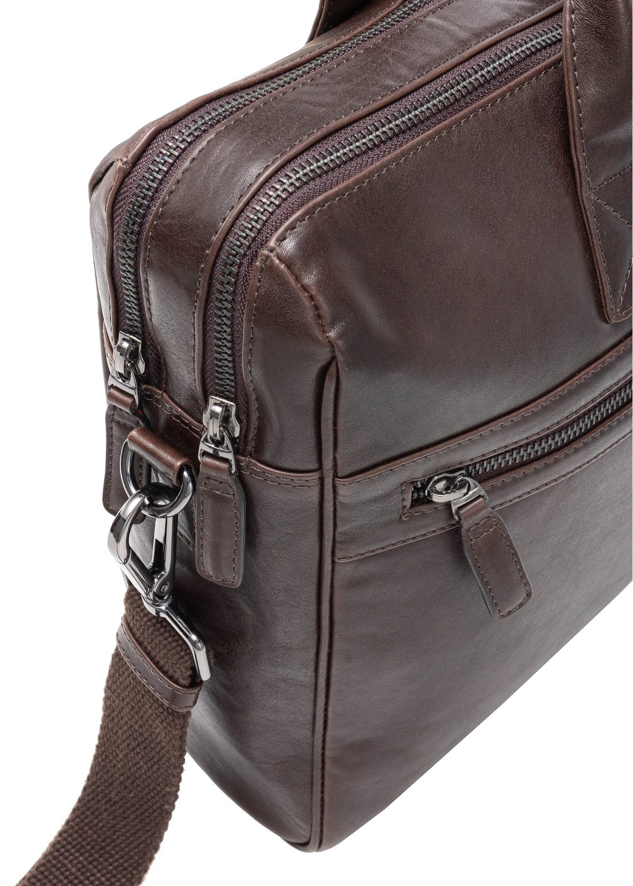 Brown leather men's bag TORMS-0459-89(Z25), close-up of product detail, view on white background.