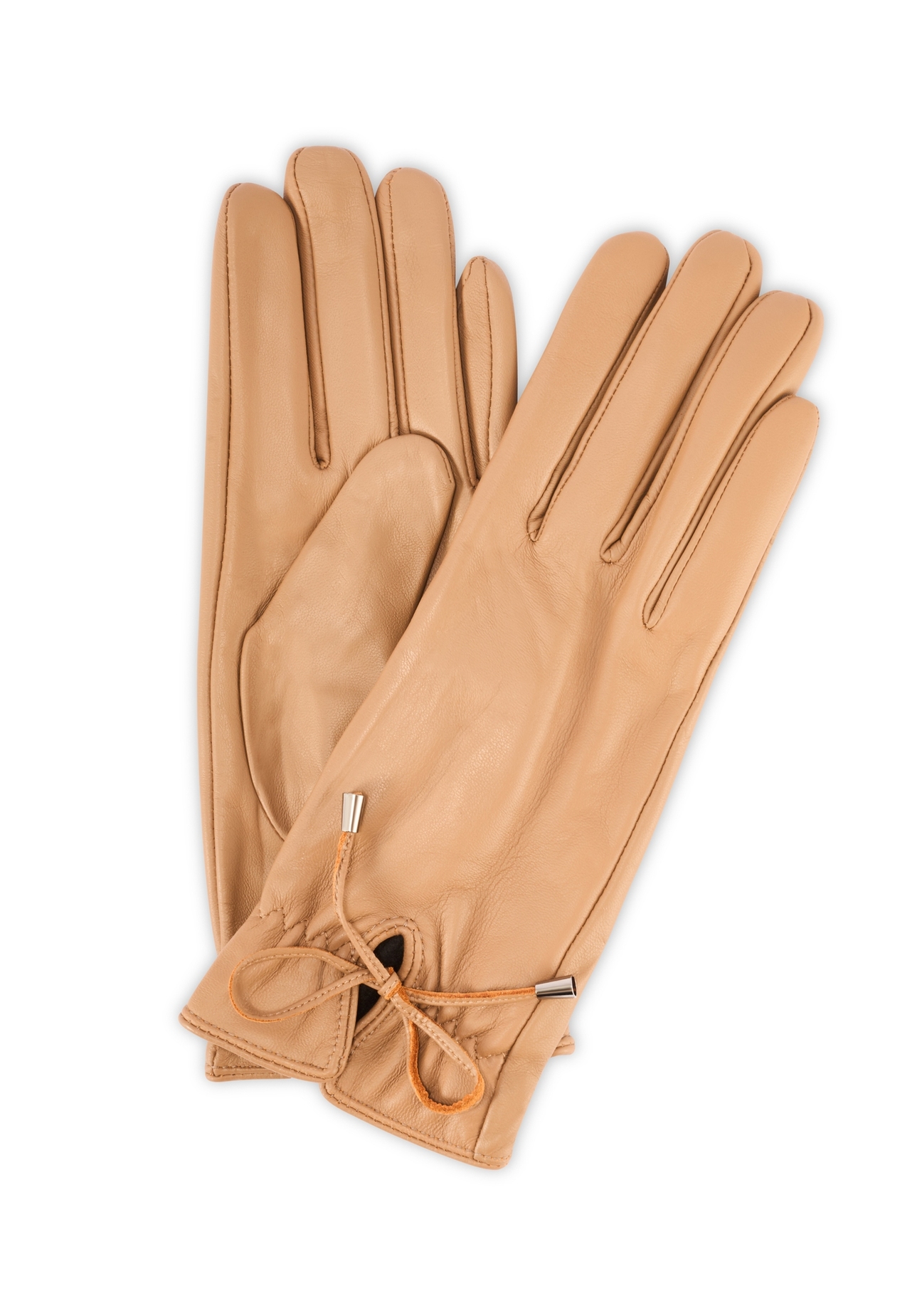 Women's leather gloves with ties REKDS-0021A-81(Z25), product view from the front and back on a white background.
