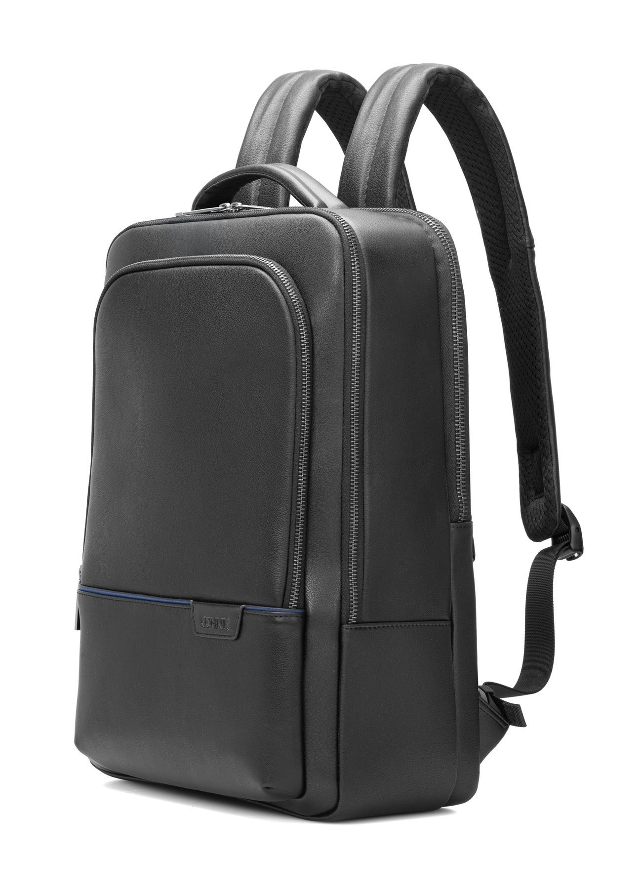 Men's black leather backpack PLCMS-0024-99(W26) - product view slightly diagonal, on a white background.