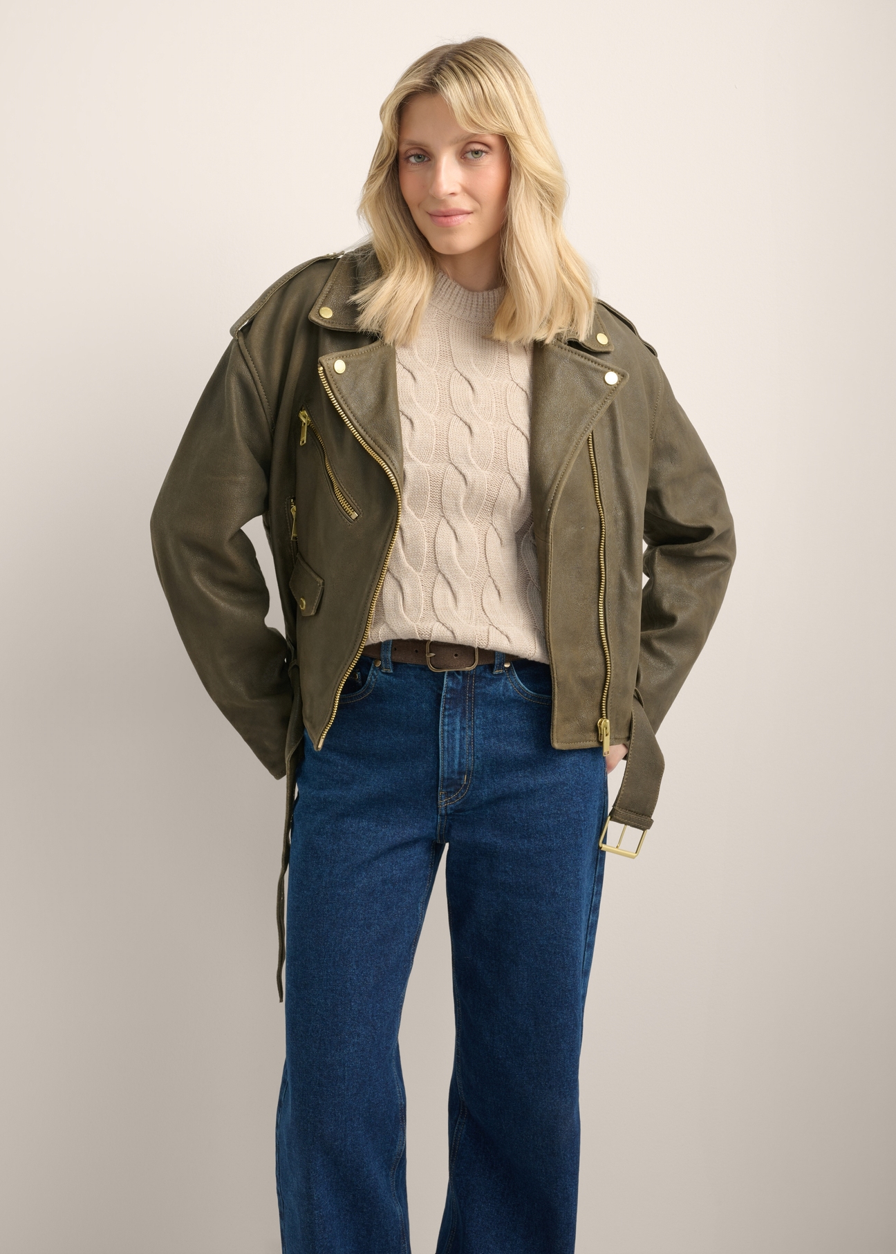 Women's leather jacket khaki KURDS-0650-8D(Z26)