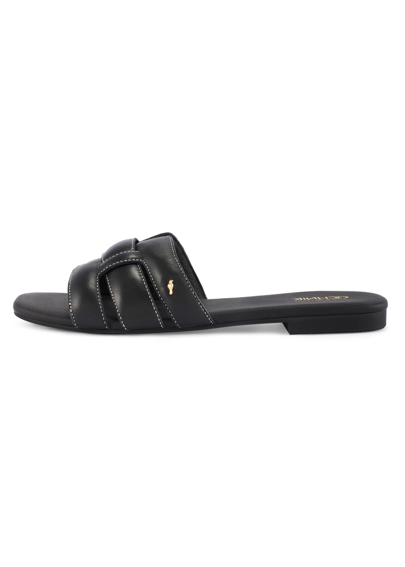 Women's black leather slides with braid BUTYD-1225-99(W26), side view of the product on a white background.