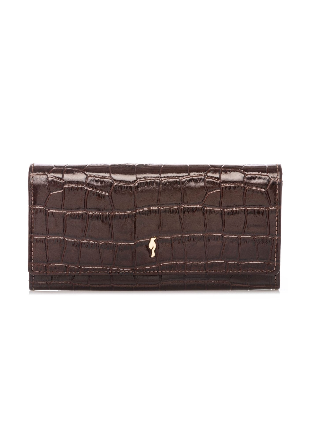 Brown leather women's croco wallet PORES-0889-1H(W26) - front product view, on white background.