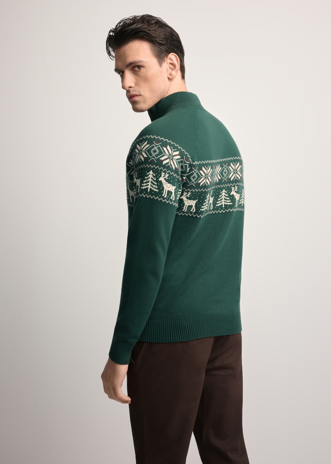 Green men's cotton sweater SWEMT-0178-54(Z25), back view of the product on the model. Half of the silhouette visible.