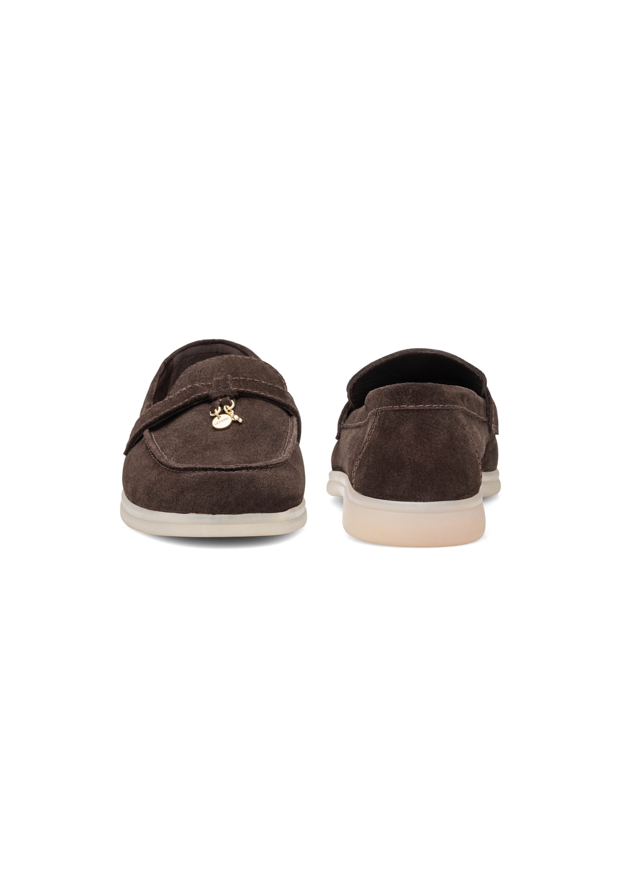Dark brown women's leather moccasins BUTYD-1256-1I(W26), front and back product view on white background.