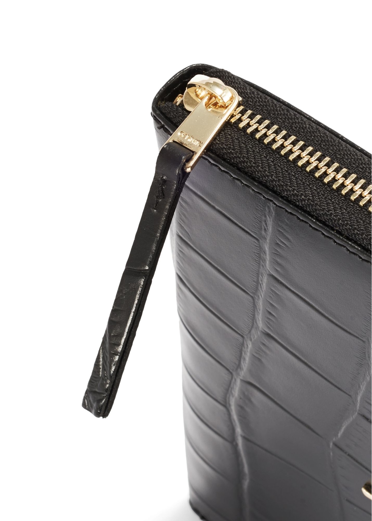 Black large women's croco wallet PORES-0908-9G(Z26) - close-up detail, on white background.
