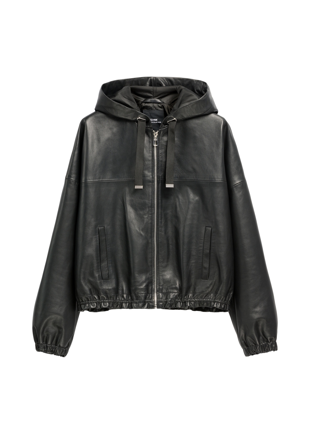 Women's black leather jacket with hood KURDS-0412-99(W26), front product view on white background.