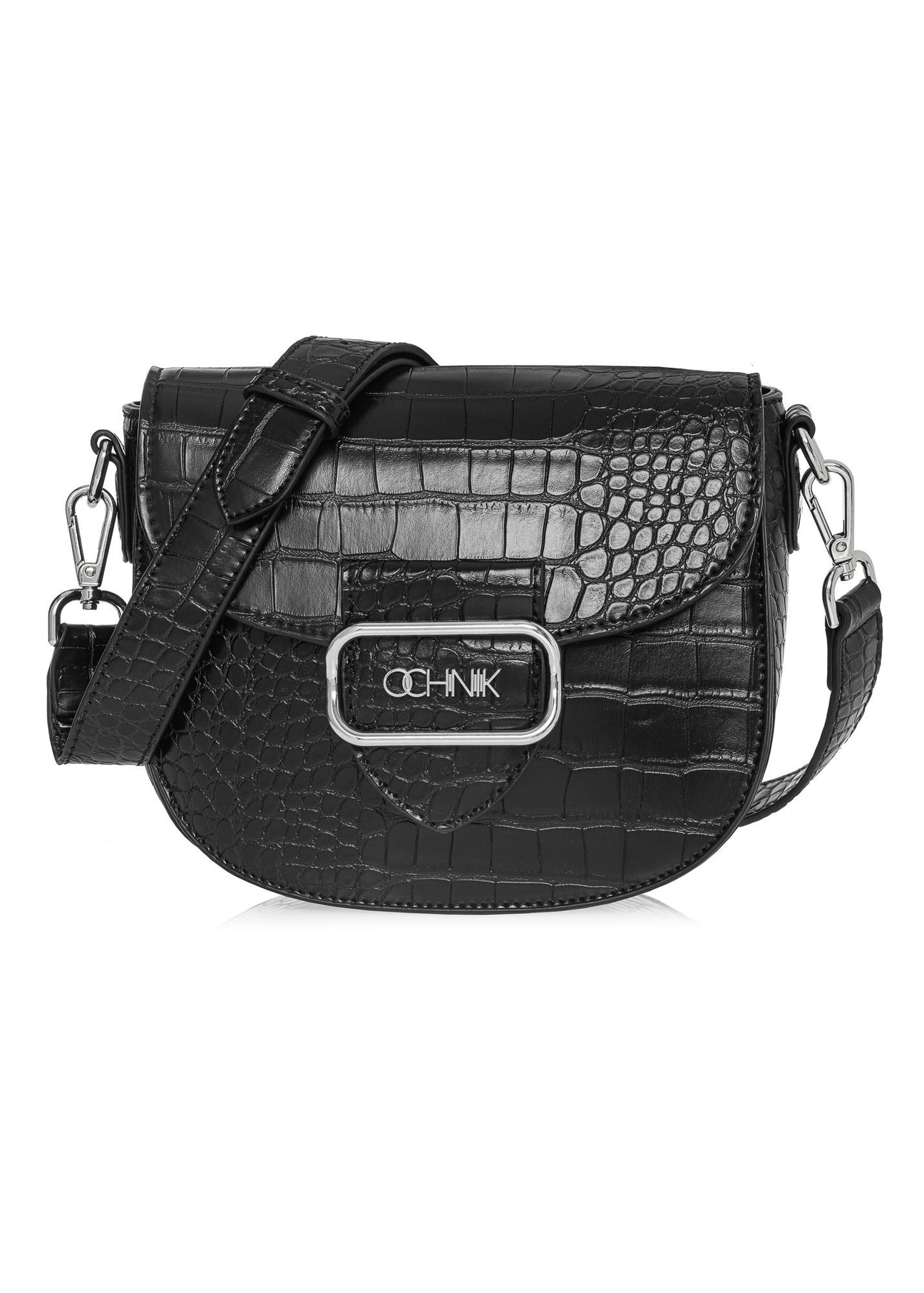 Women's black croco messenger bag TOREC-0880-9G(W26) - front product view, on a white background.