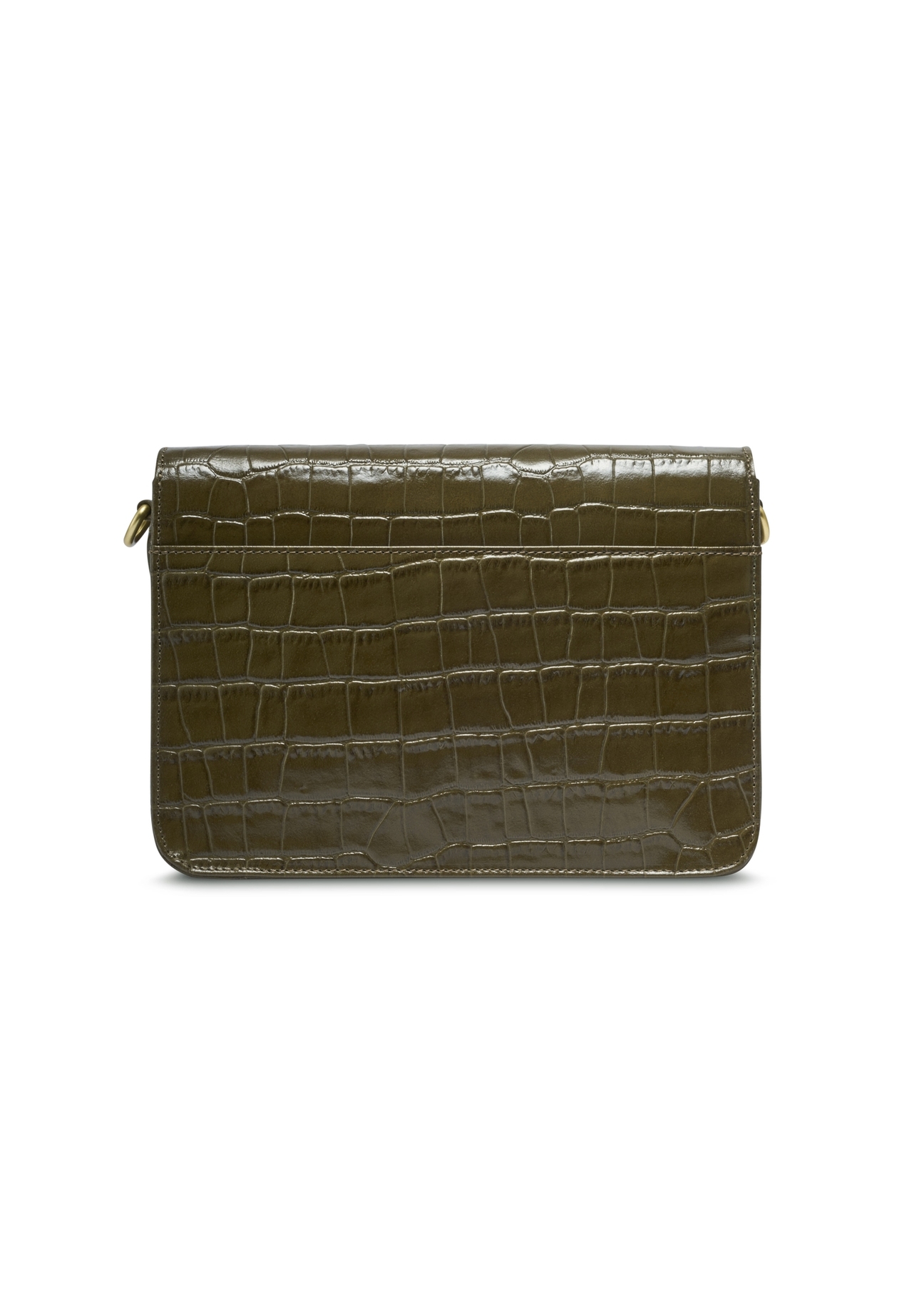 Women's leather croco handbag in khaki color TORES-1324-8D(Z26) - product view from the back, on a white background.