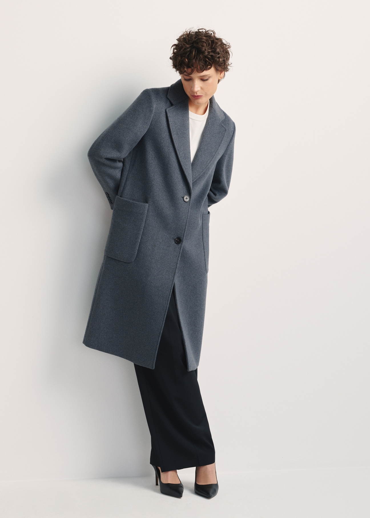 Women's Gray Wool Coat PLADT-0065-91(Z25) - Front view of the product on a model against a white background. Full body visible.