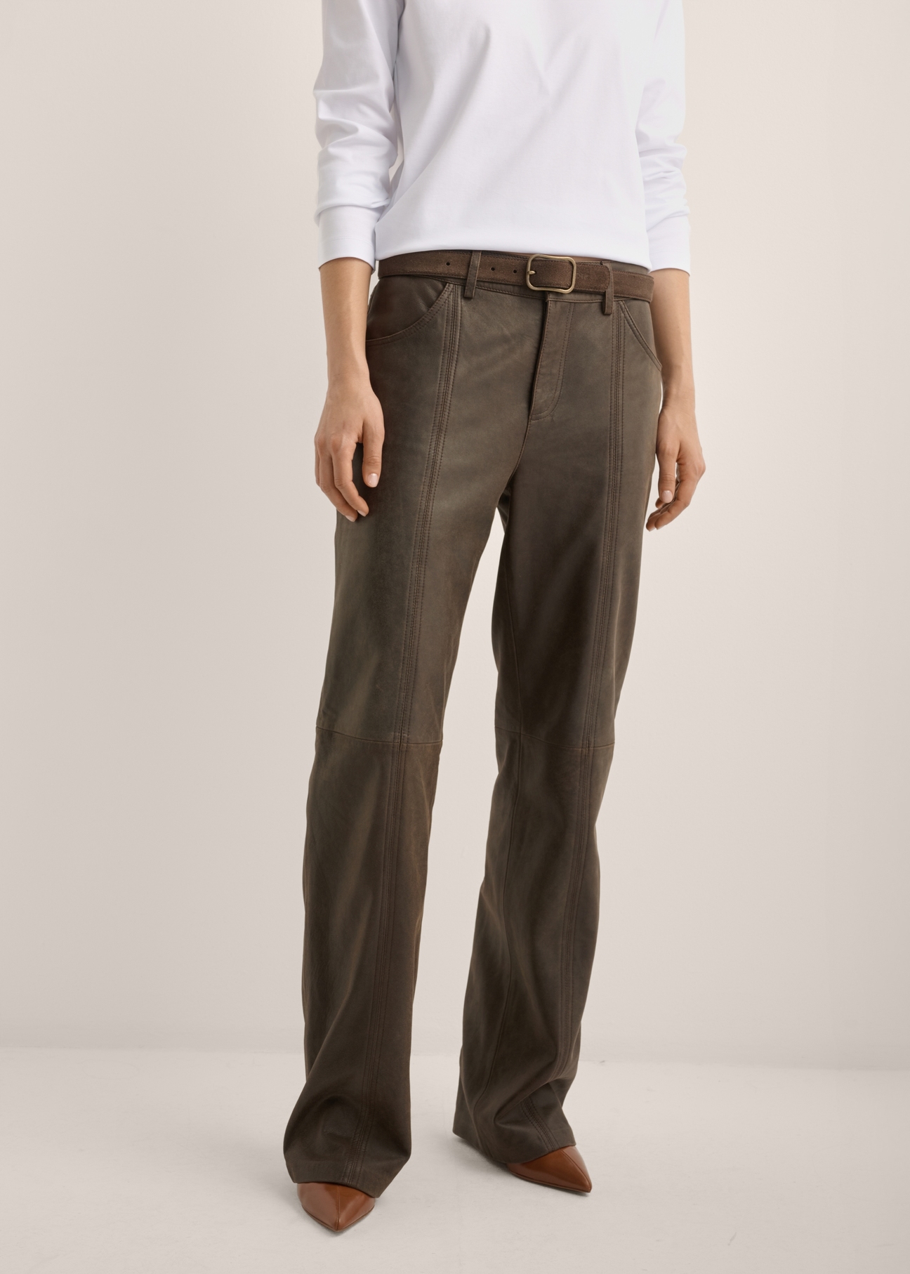 Dark brown women's leather pants SPODS-0051-1I(Z26)