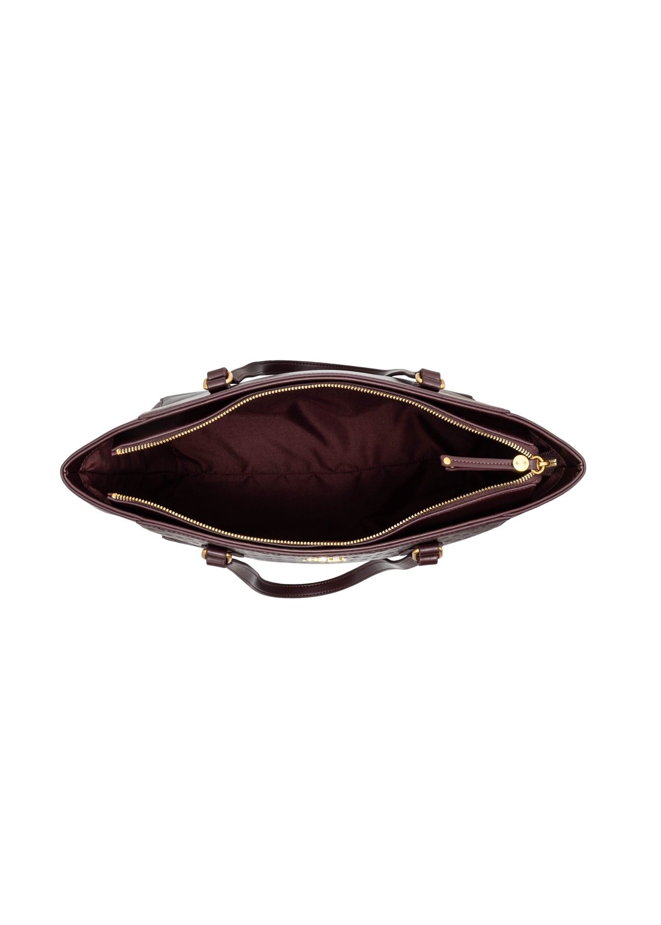 Burgundy women's shopper bag with monogram TOREC-1291-4P(Z26), product view from above on a white background.