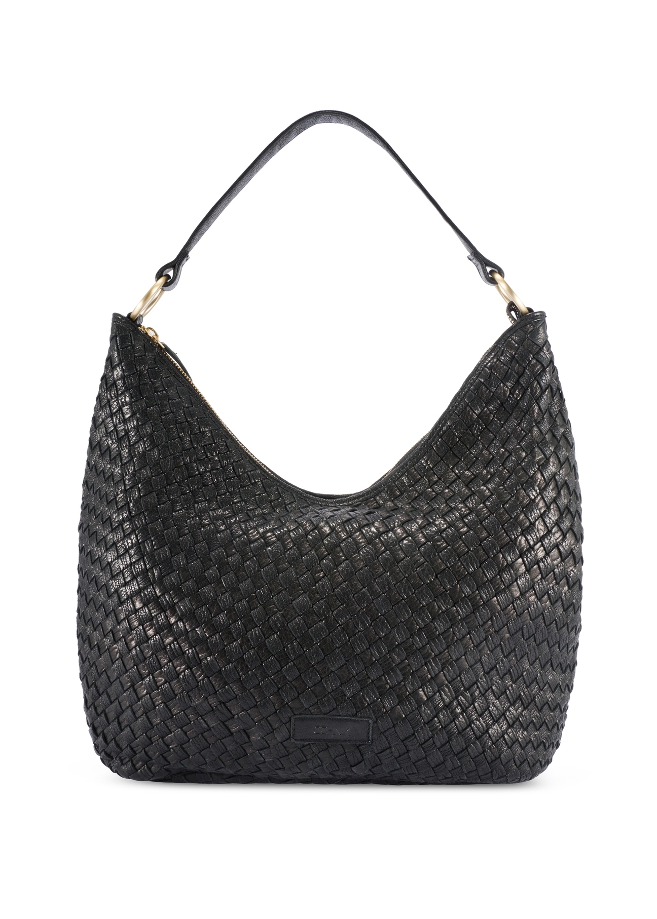Black leather woven handbag TORES-1242-9P(W26), front product view on white background.