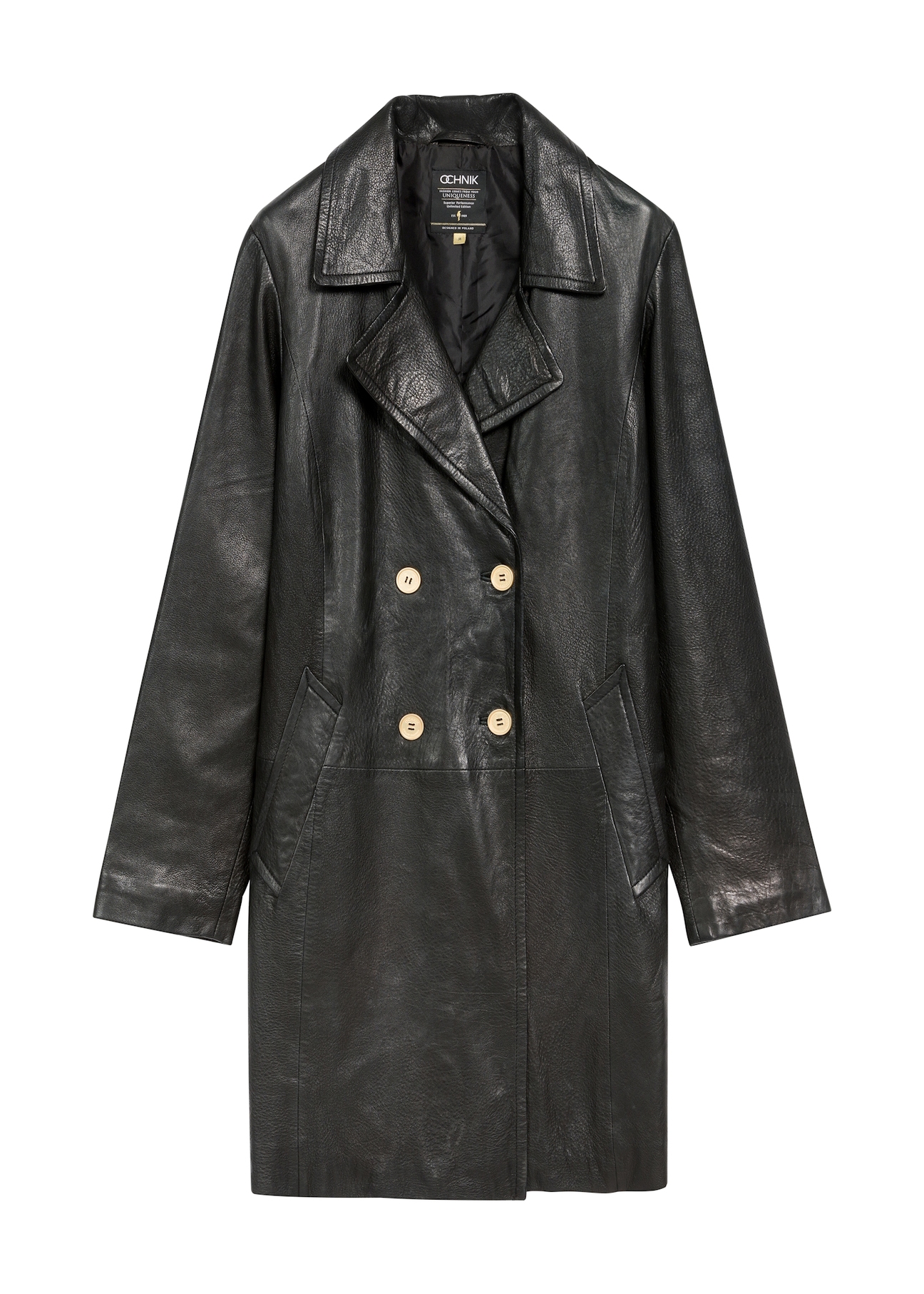 Women's leather jacket in the form of a coat KURDS-0443-1313(Z25), product view from the front on a white background.
