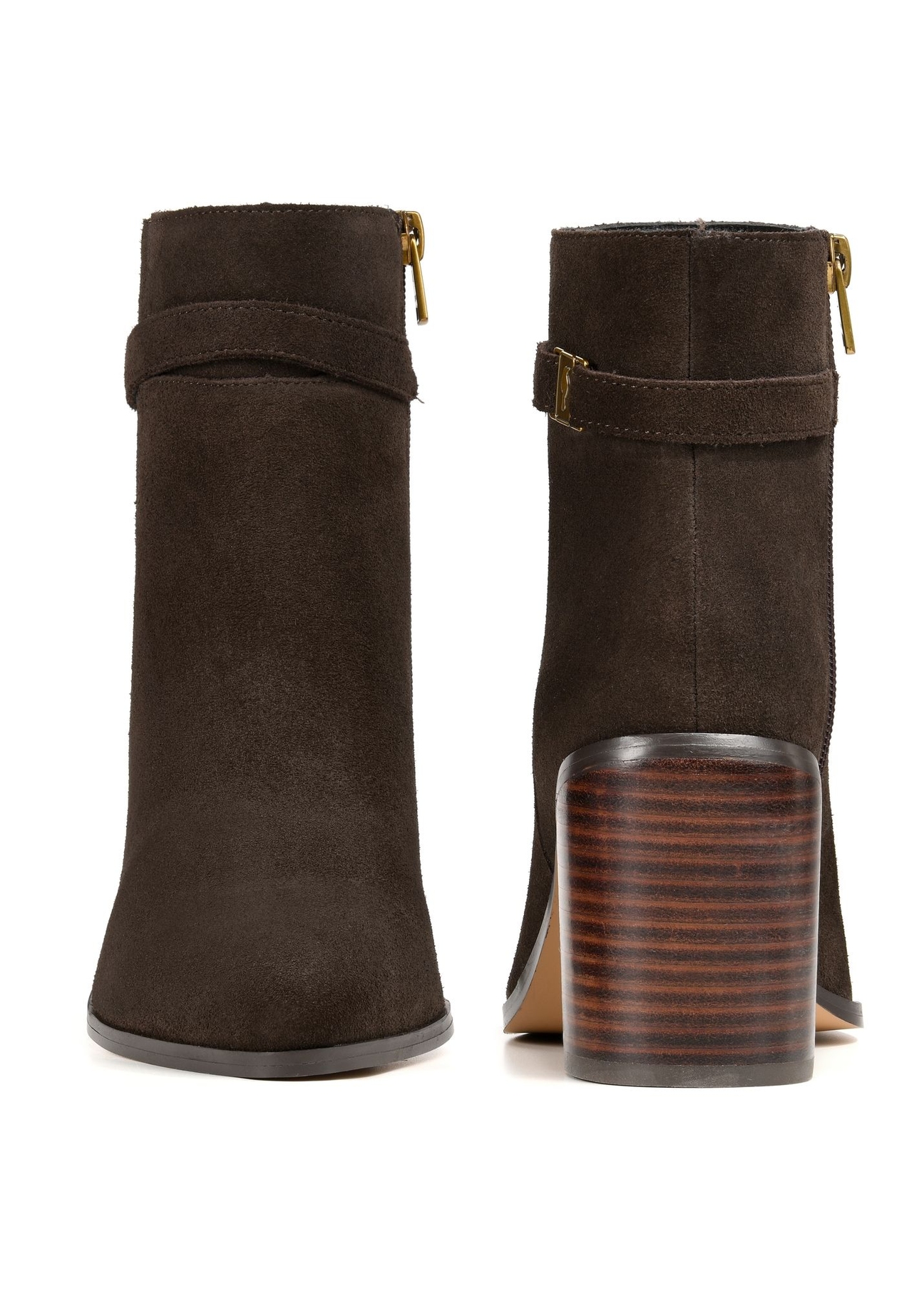 Brown suede women's ankle boots with logo BUTYD-1214-1I(Z26), front and back product view on white background.