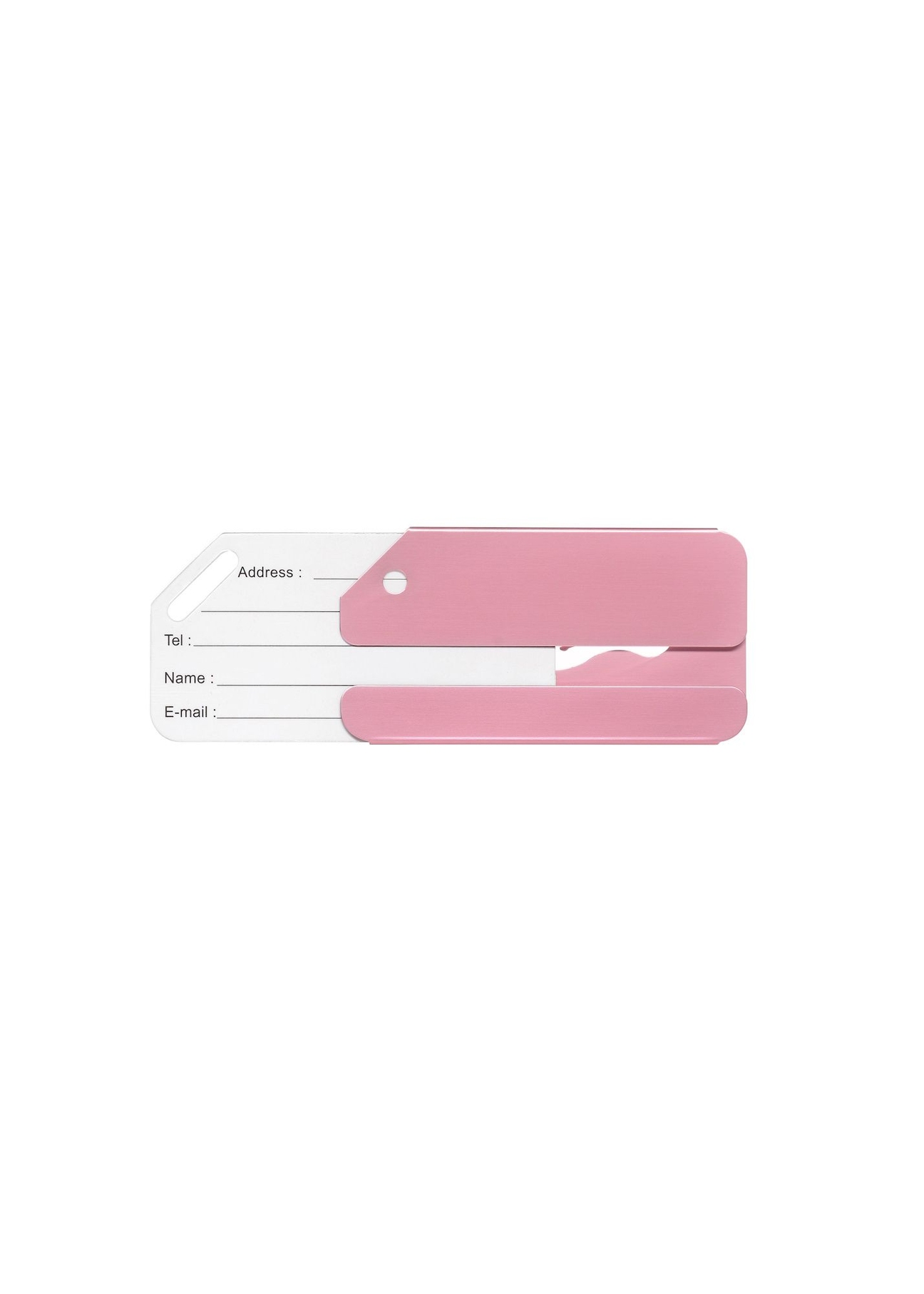 Pink luggage tag AW-012-0003-5B(W26), product back view on white background.