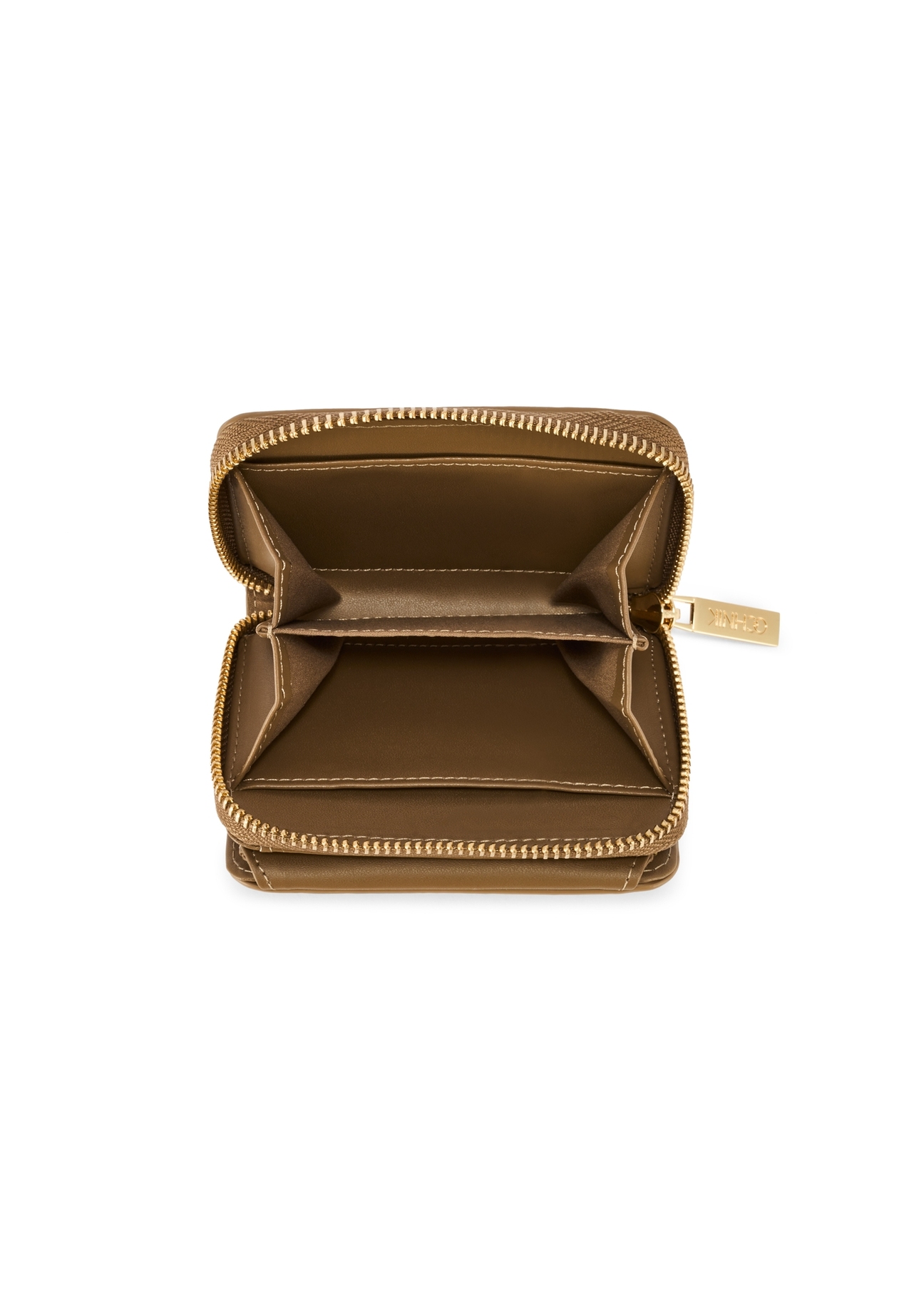 Small beige women's wallet with monogram POREC-0349A-81(Z25), product view from above on a white background.