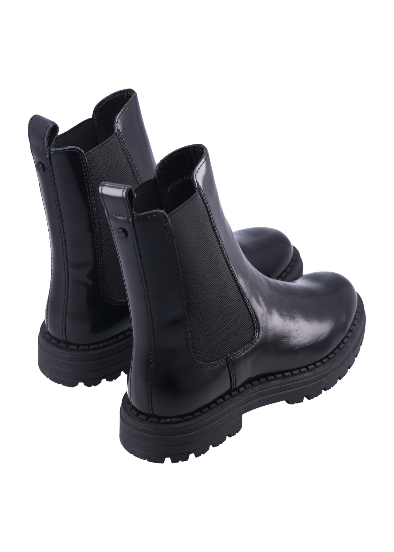 Women's black leather Chelsea boots BUTYD-1010-9F(Z26), product view from the back on a white background.