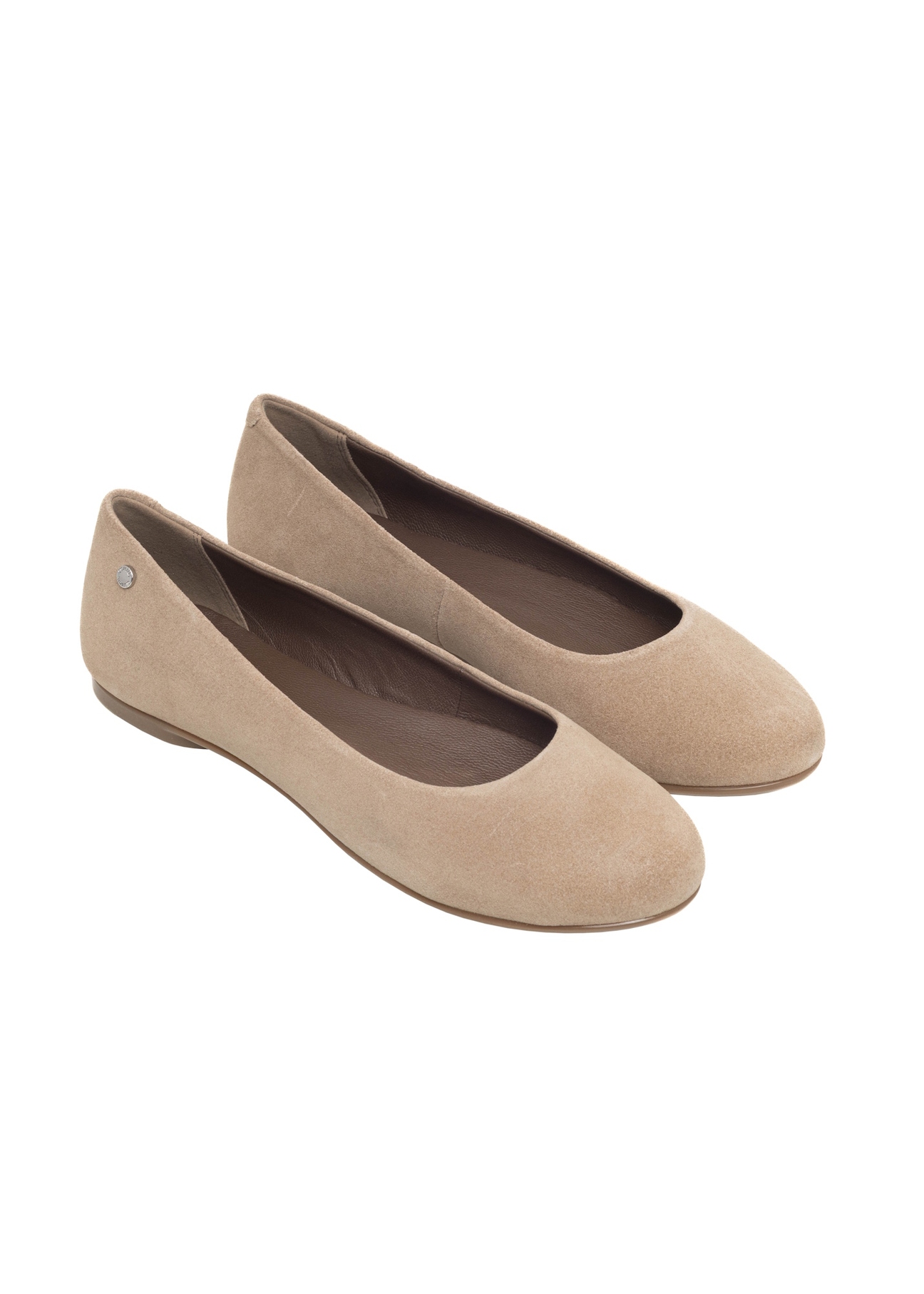 Women's suede ballet flats in cool beige color BUTYD-1286-1K(Z26), diagonal view of the product on a light background.