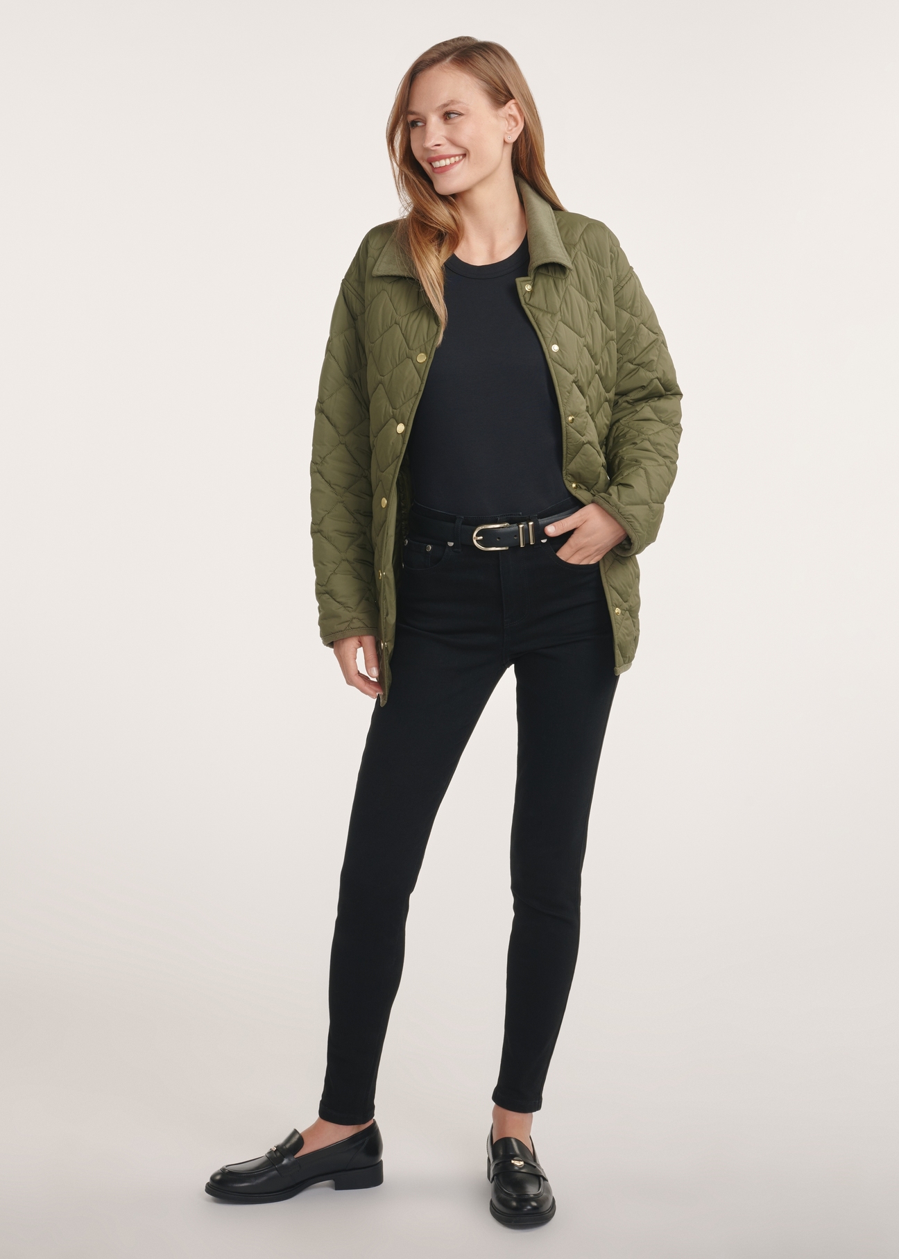 Women's jacket with collar in khaki color KURDT-0596-55(Z25), front view of the product on the model. The whole silhouette is visible.