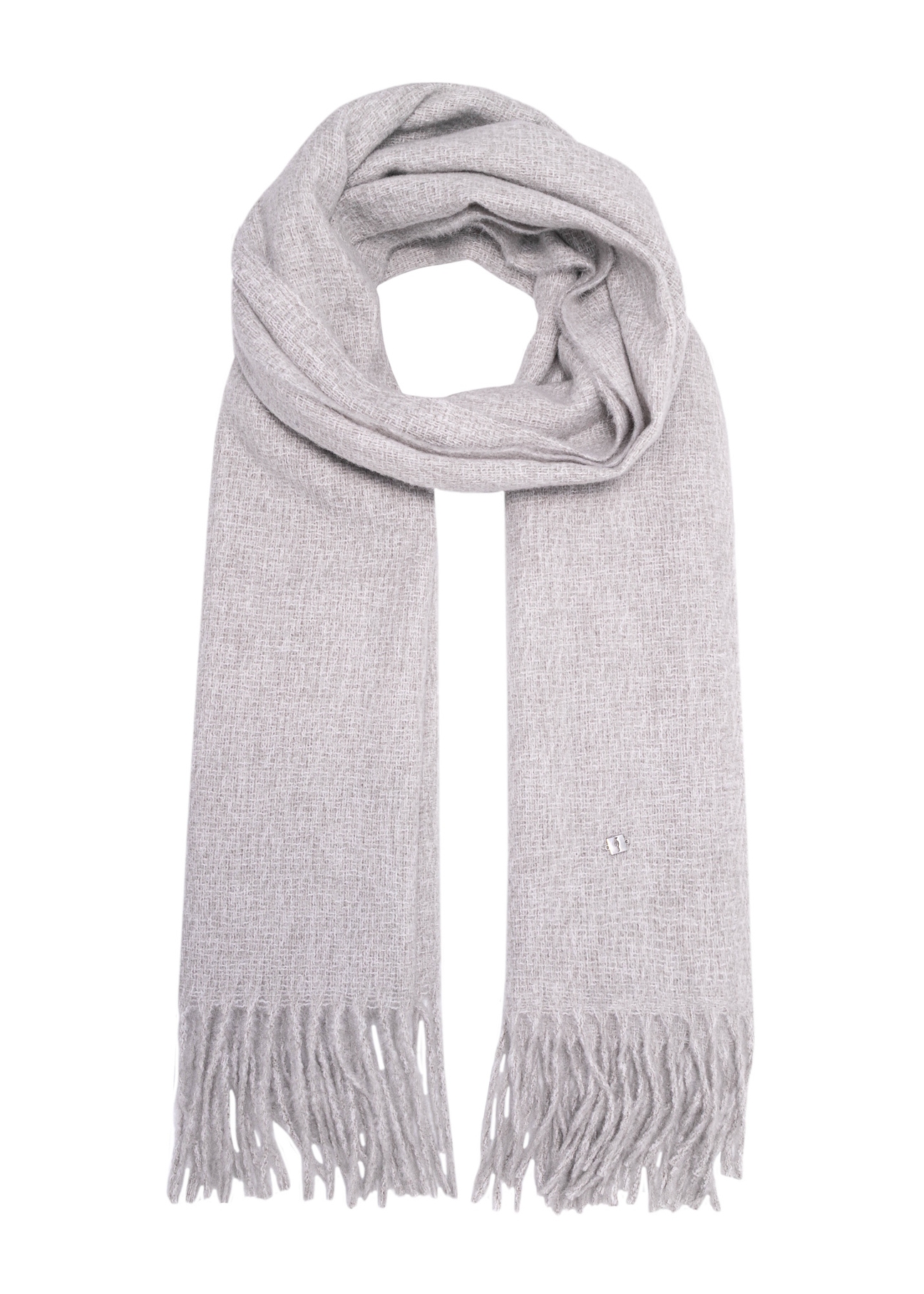 Gray women's scarf with fringes SZADT-0209-91(Z25), front product view on white background.