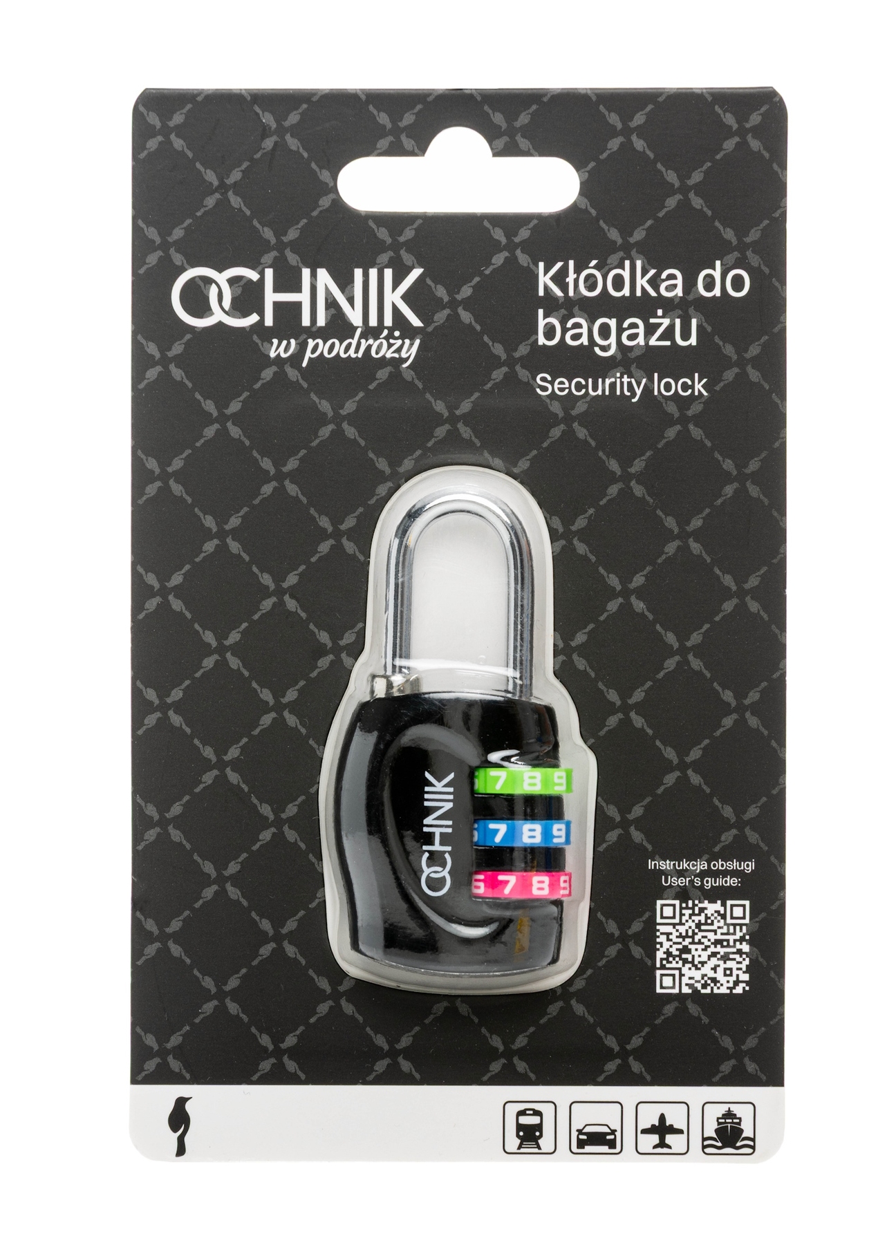 Black combination padlock AW-015-0005-99(W26), view of the product in the packaging on a white background.