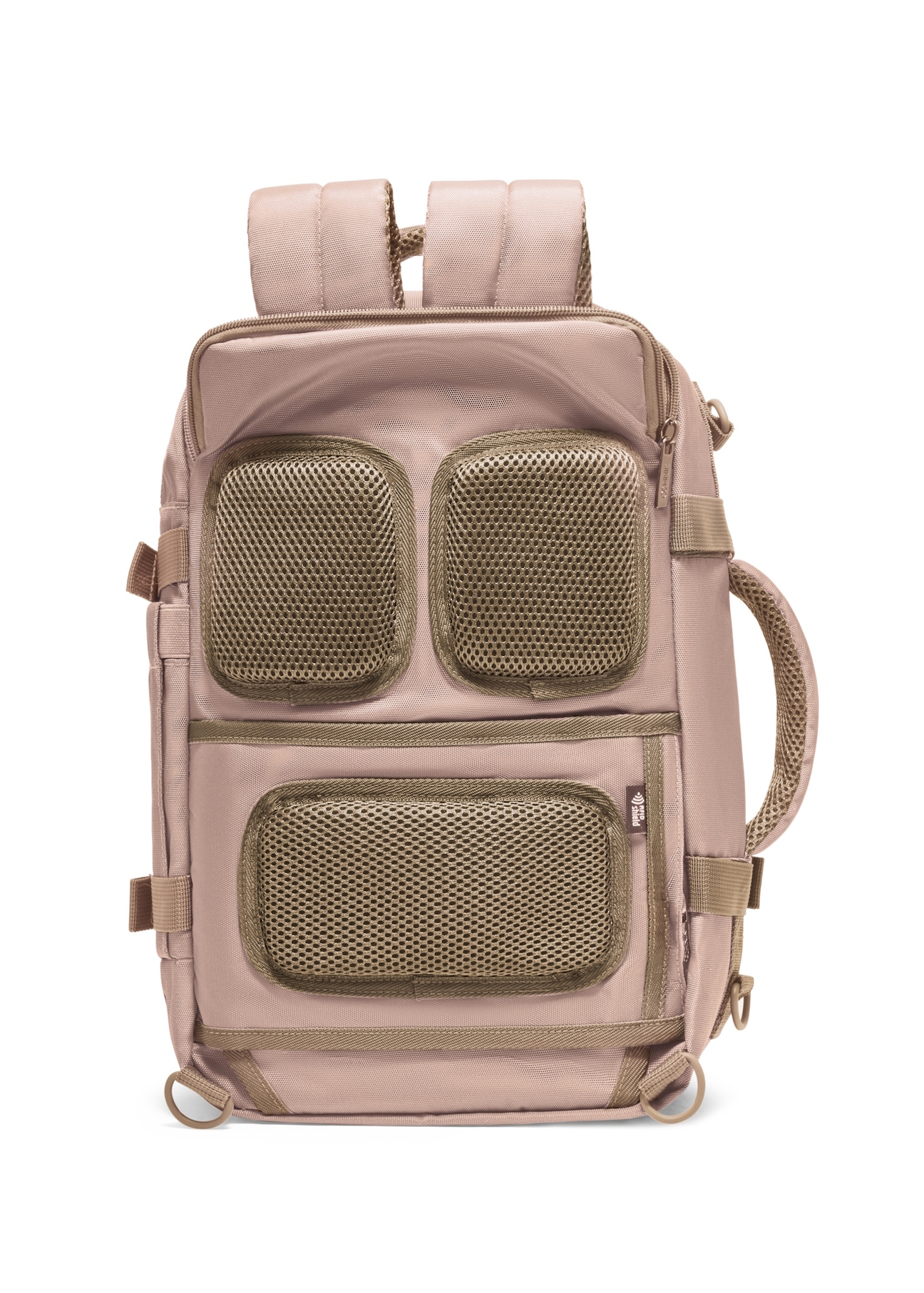 Dark beige airplane backpack PLCMN-0017-1C(Z26), back view of the product on a white background.