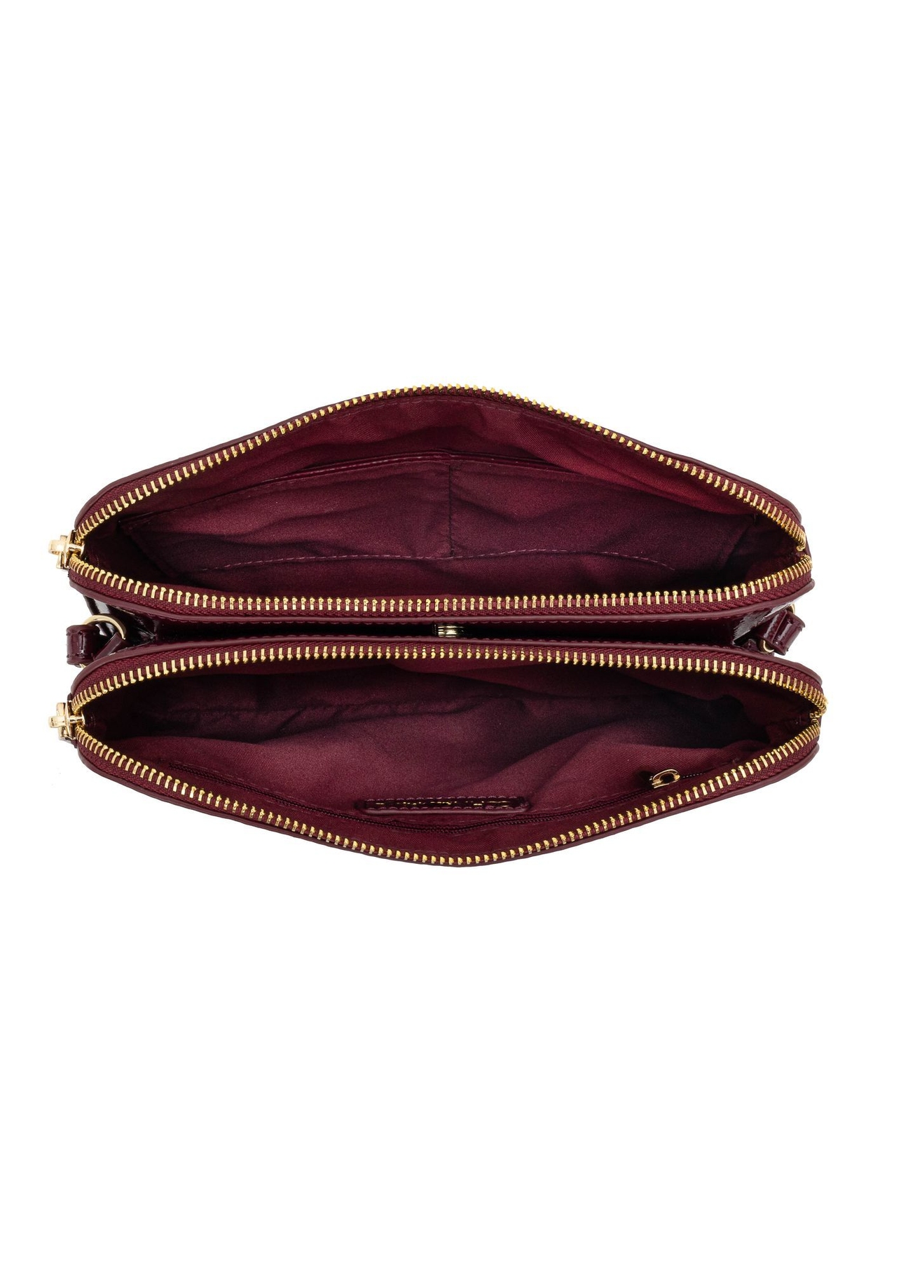 Burgundy patent leather women's messenger bag TOREC-0205F-43(Z25), view of the inside of the product on a white background.