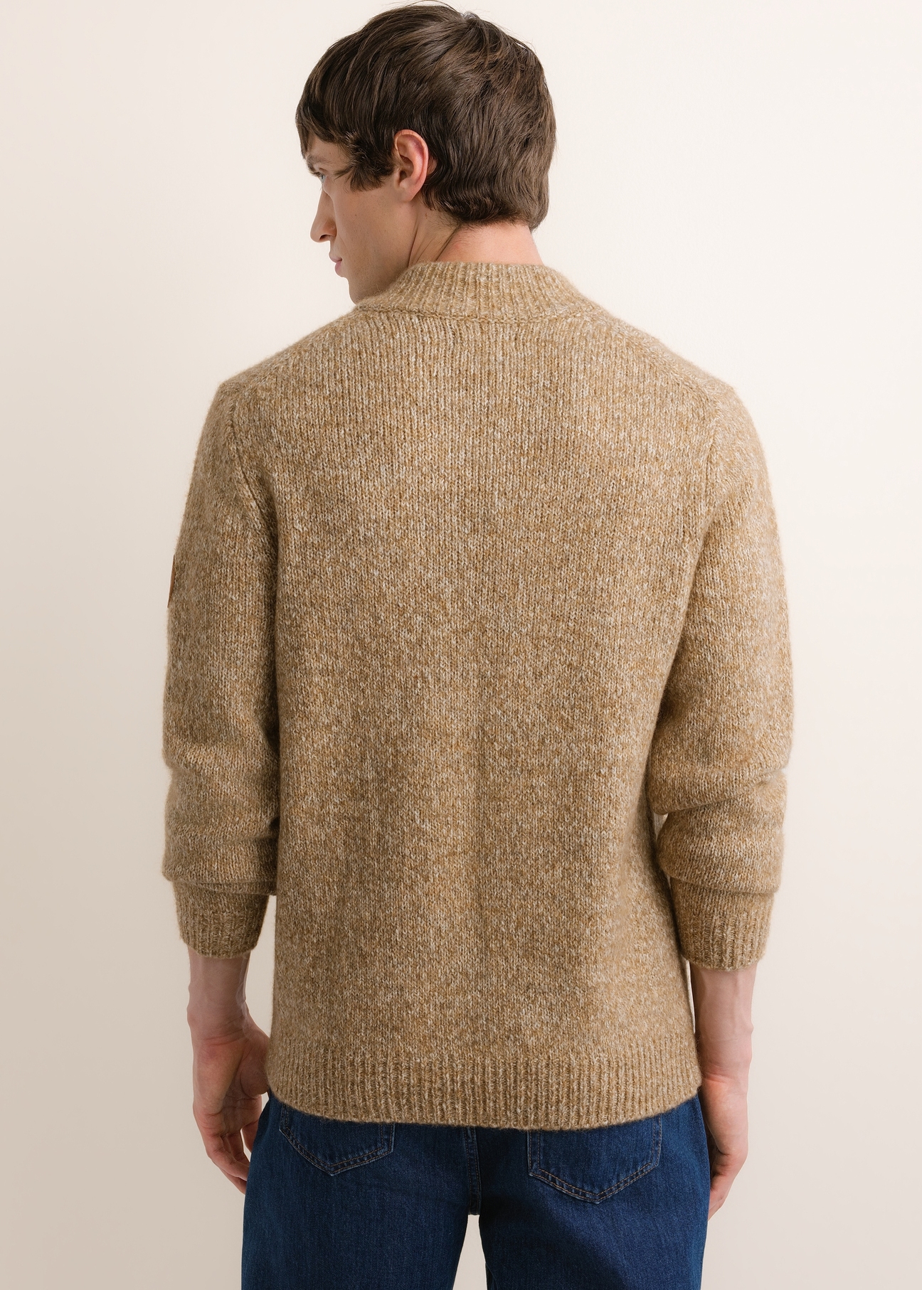Men's camel sweater with wool SWEMT-0218-1D(Z26), back view of the product on the model. Half of the silhouette visible.