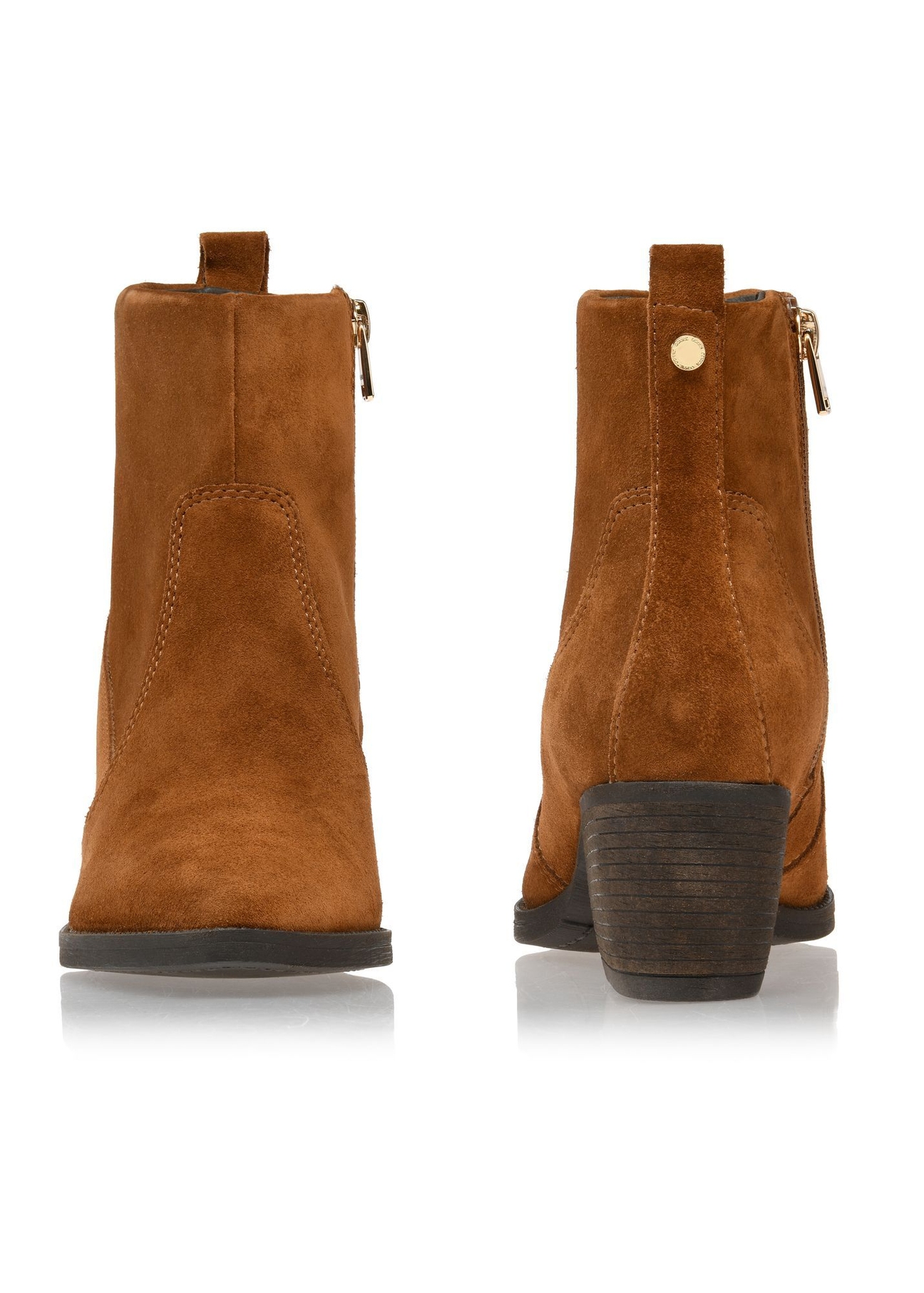Women's suede ankle boots in cognac color BUTYD-1005A-87(Z25), front and back view of the product on a white background.